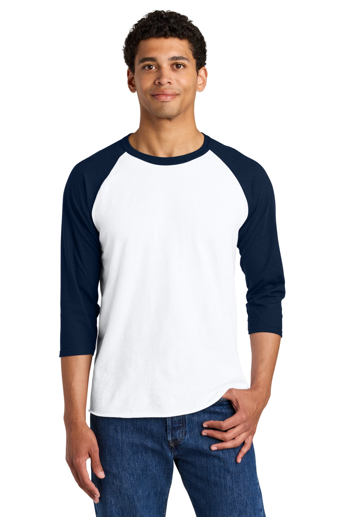 Custom logo Jerzees® Unisex Premium Blend Combed Ring Spun 3/4-Sleeve Raglan 560R in White/ J. Navy