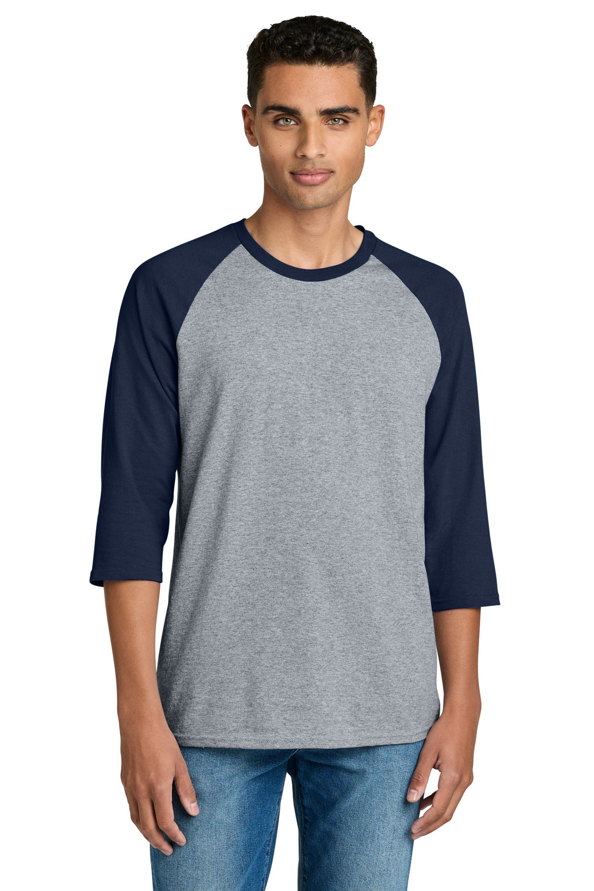 Custom logo Gildan® Heavy Cotton™ 3/4-Sleeve Raglan T-Shirt. 5700 in Sport Grey Trim Navy