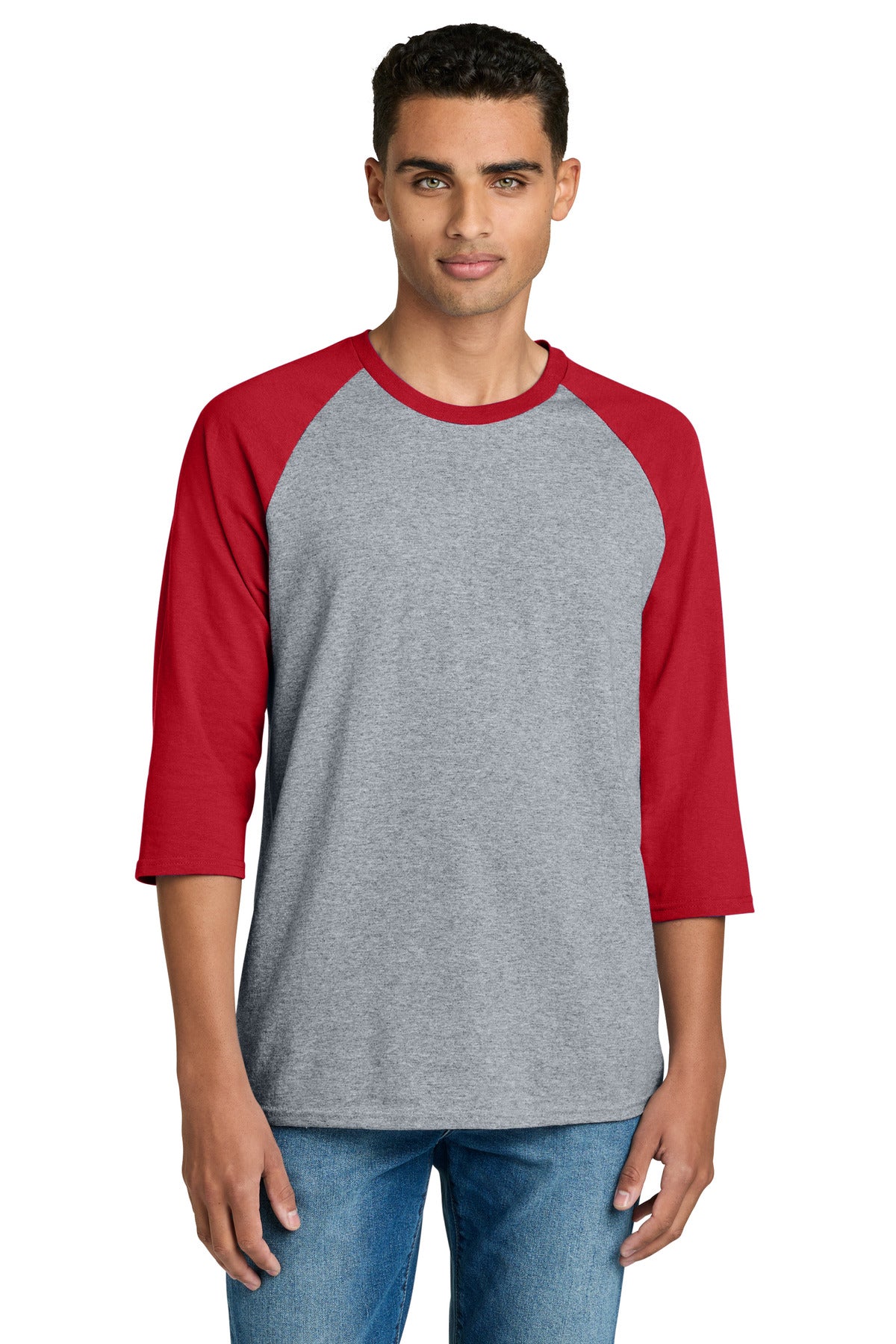 Custom logo Gildan® Heavy Cotton™ 3/4-Sleeve Raglan T-Shirt. 5700 in Sport Grey Trim Red