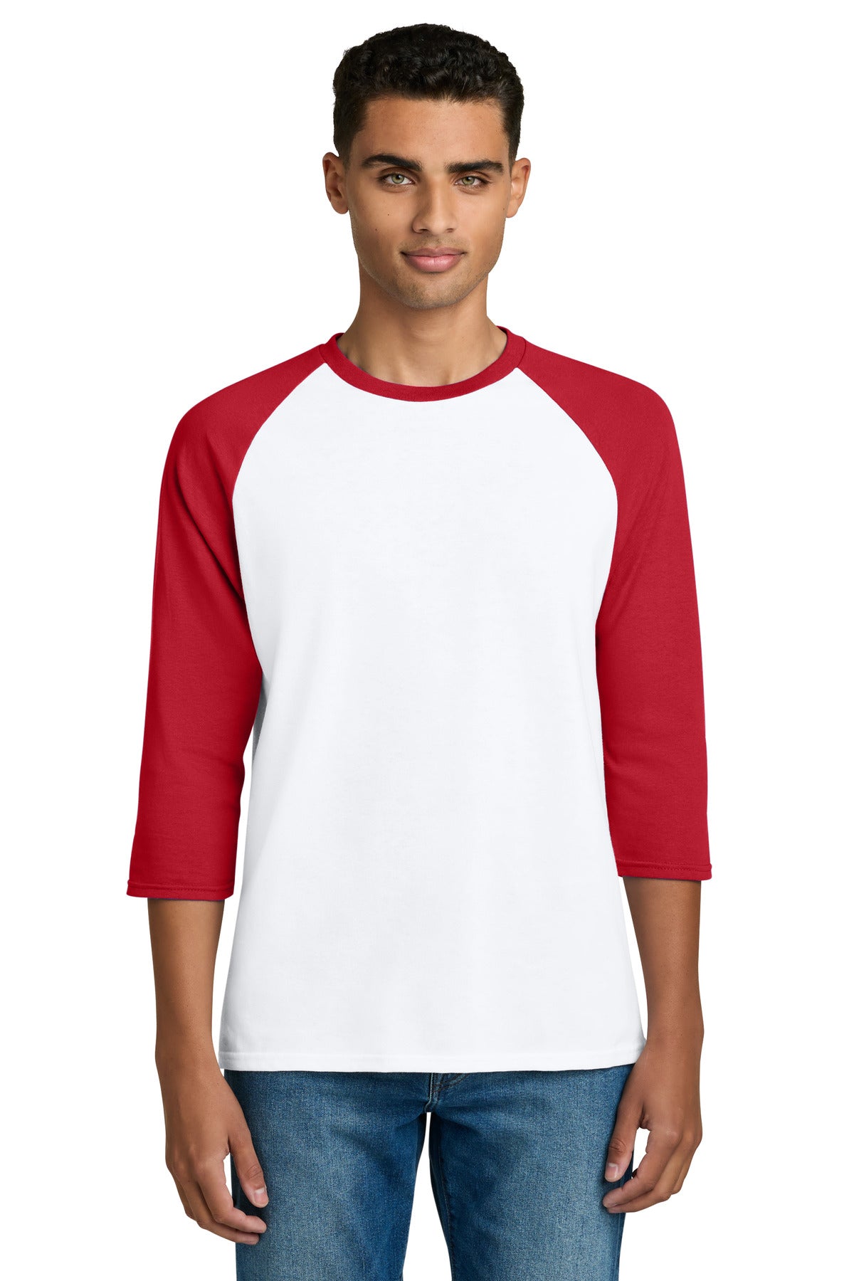 Custom logo Gildan® Heavy Cotton™ 3/4-Sleeve Raglan T-Shirt. 5700 in White/ Red