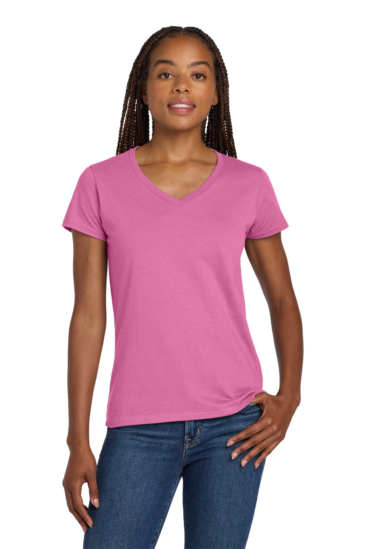 Custom logo Gildan® Women's Heavy Cotton™ 100% Cotton V-Neck T-Shirt. 5V00L in Azalea