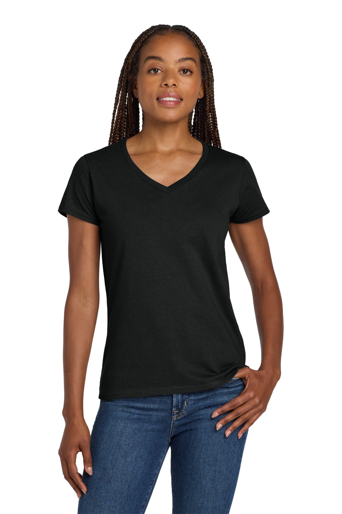 Custom logo Gildan® Women's Heavy Cotton™ 100% Cotton V-Neck T-Shirt. 5V00L in Black