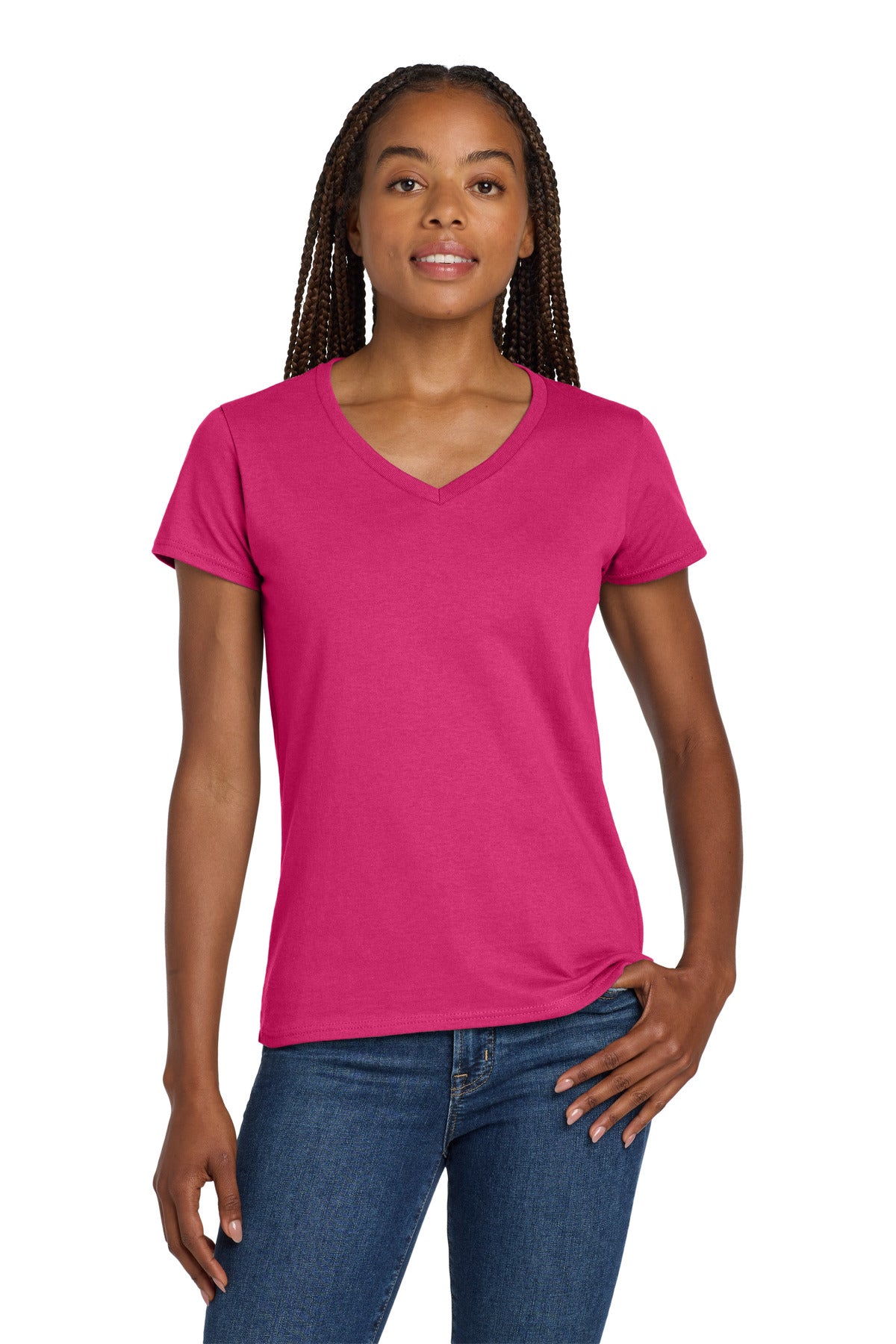 Custom logo Gildan® Women's Heavy Cotton™ 100% Cotton V-Neck T-Shirt. 5V00L in Heliconia