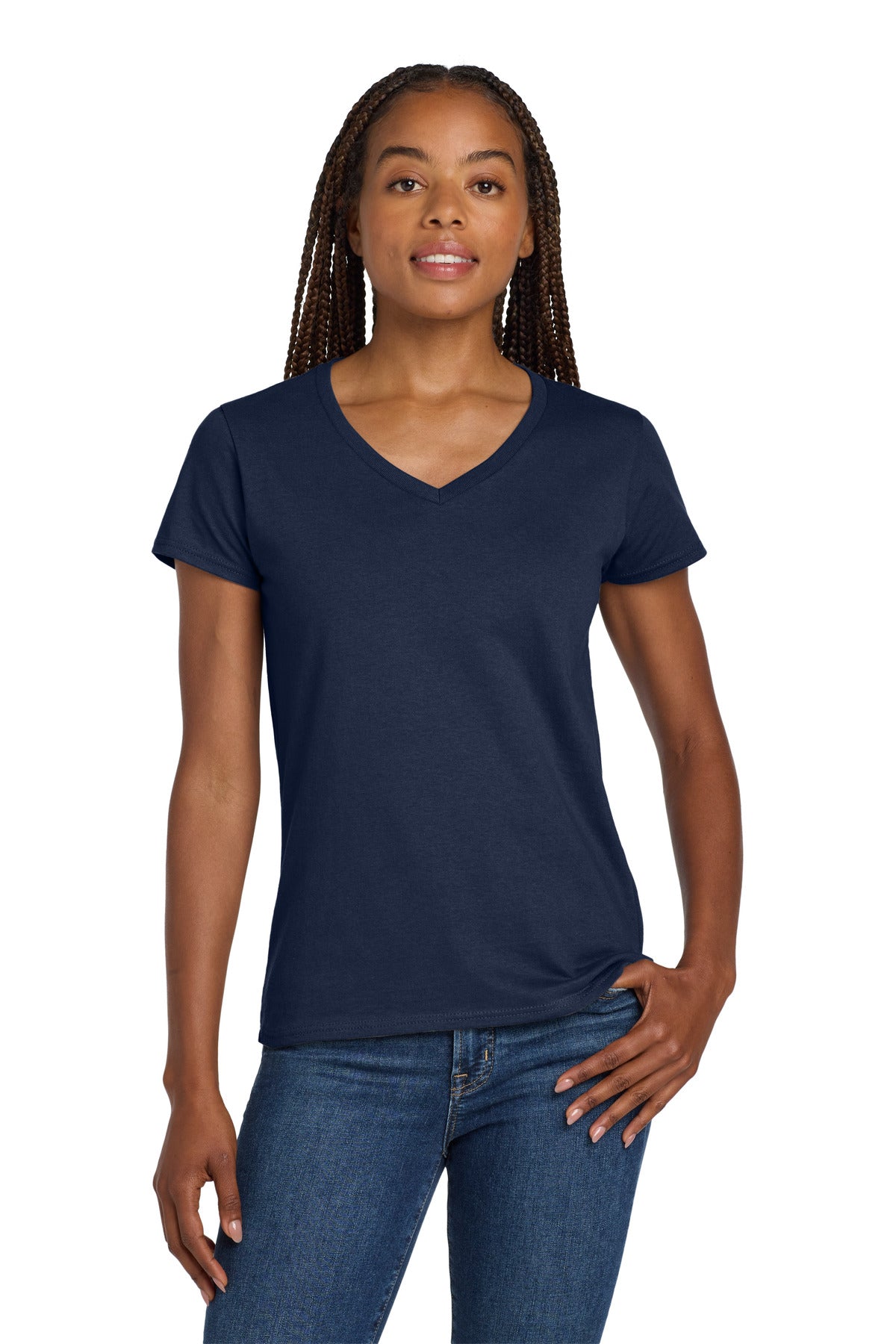 Custom logo Gildan® Women's Heavy Cotton™ 100% Cotton V-Neck T-Shirt. 5V00L in Navy