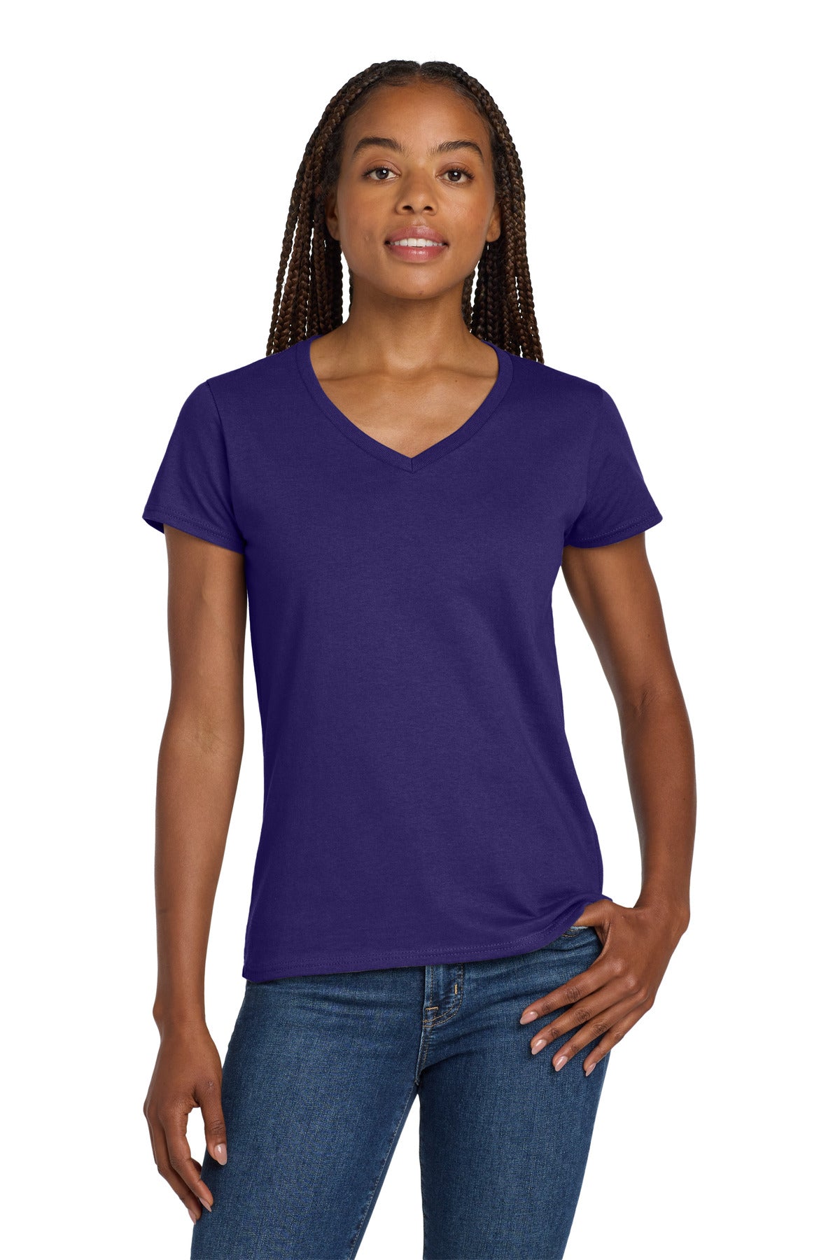 Custom logo Gildan® Women's Heavy Cotton™ 100% Cotton V-Neck T-Shirt. 5V00L in Purple
