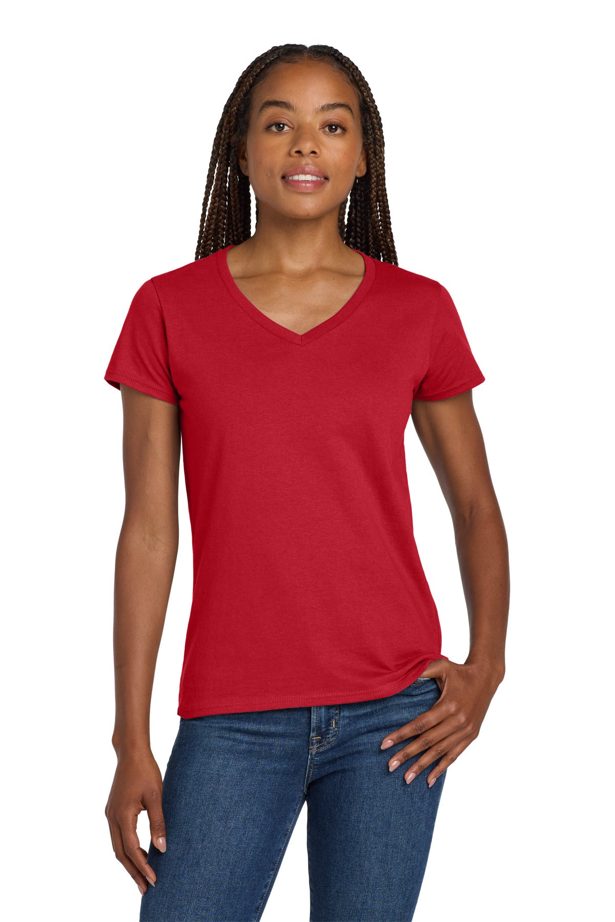 Custom logo Gildan® Women's Heavy Cotton™ 100% Cotton V-Neck T-Shirt. 5V00L in Red