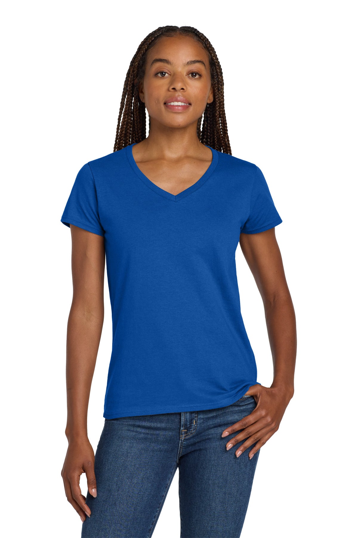 Custom logo Gildan® Women's Heavy Cotton™ 100% Cotton V-Neck T-Shirt. 5V00L in Royal