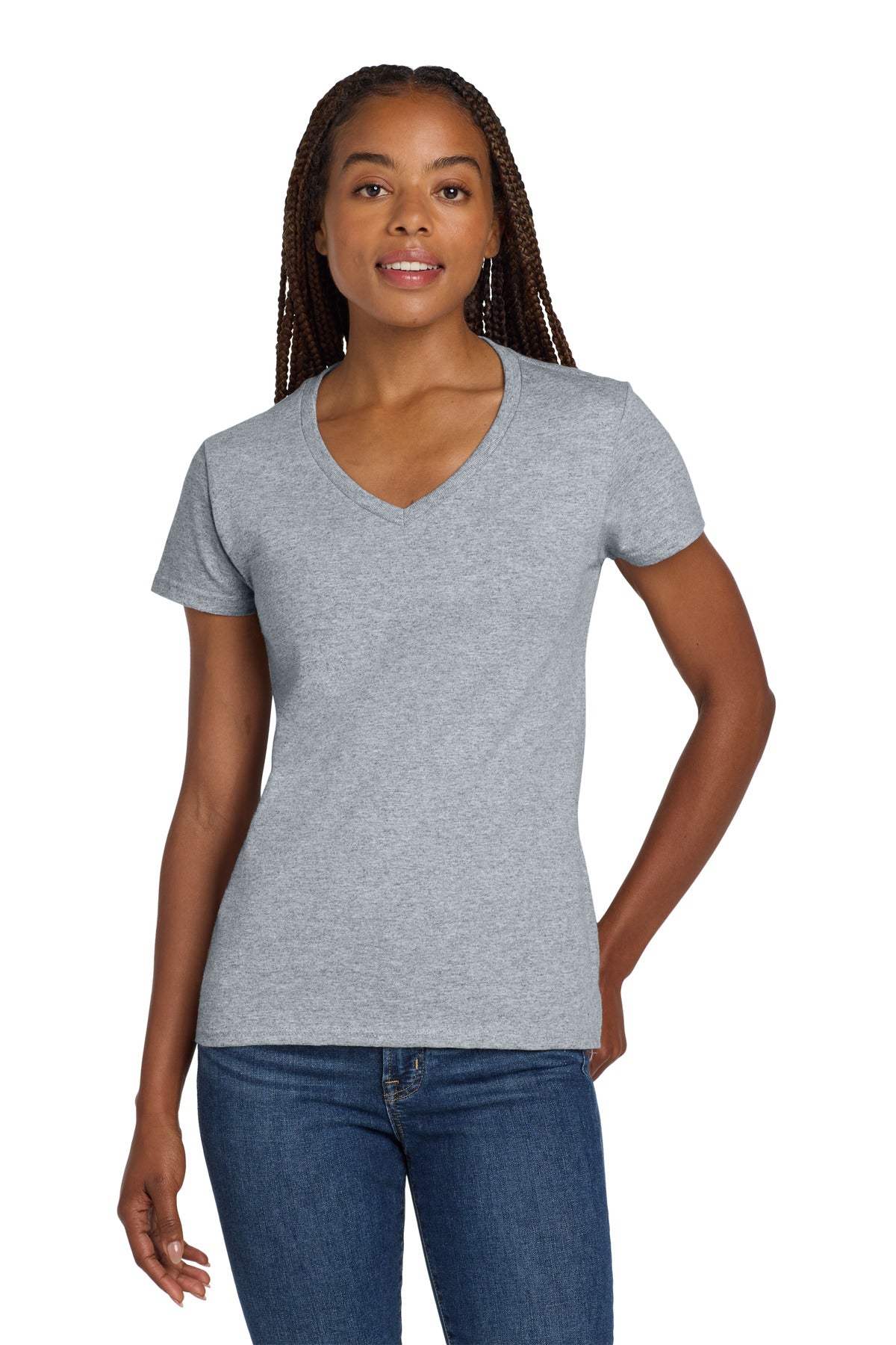 Custom logo Gildan® Women's Heavy Cotton™ 100% Cotton V-Neck T-Shirt. 5V00L in Sport Grey