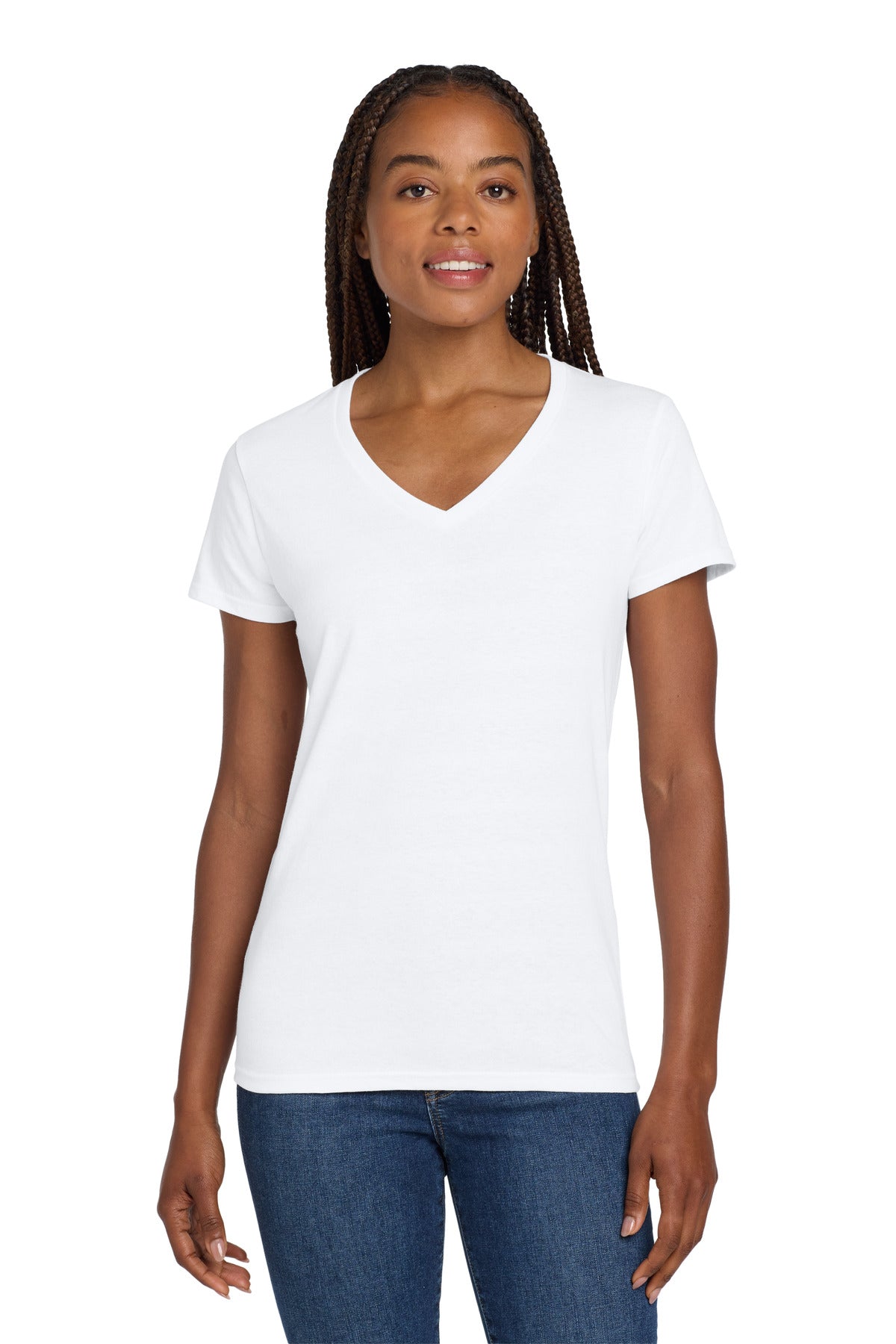 Custom logo Gildan® Women's Heavy Cotton™ 100% Cotton V-Neck T-Shirt. 5V00L in White