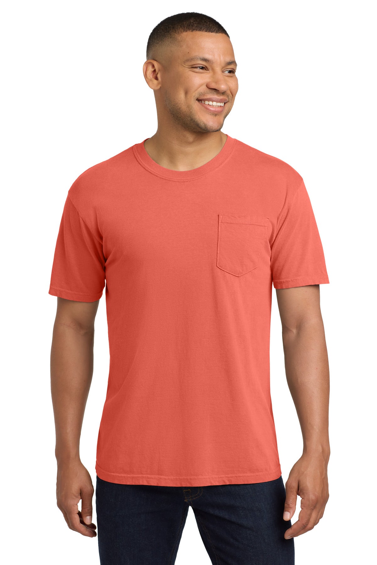Custom logo COMFORT COLORS ® Heavyweight Ring Spun Pocket Tee. 6030 in Bright Salmon