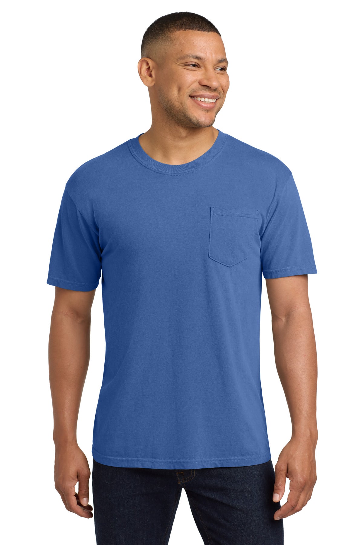 Custom logo COMFORT COLORS ® Heavyweight Ring Spun Pocket Tee. 6030 in Flo Blue