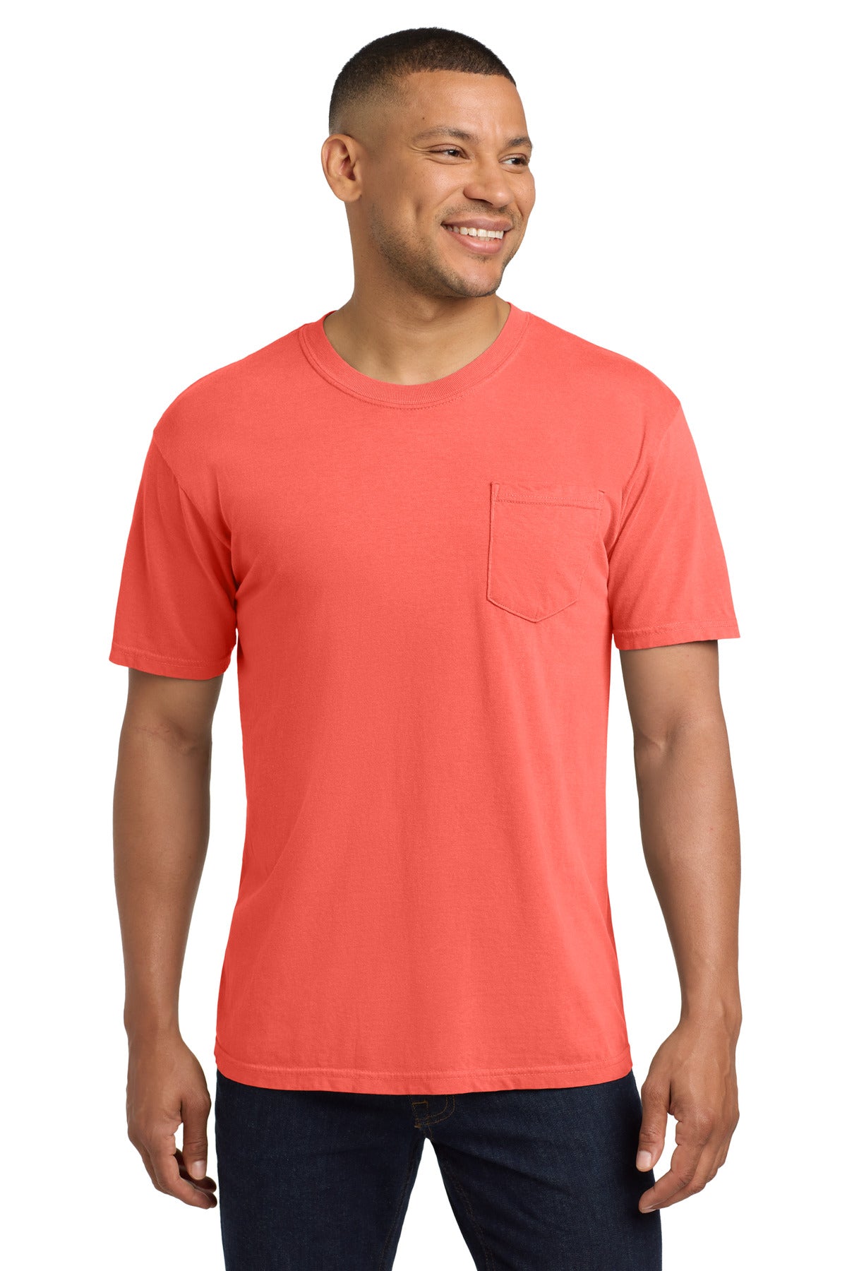 Custom logo COMFORT COLORS ® Heavyweight Ring Spun Pocket Tee. 6030 in Neon Red Orange