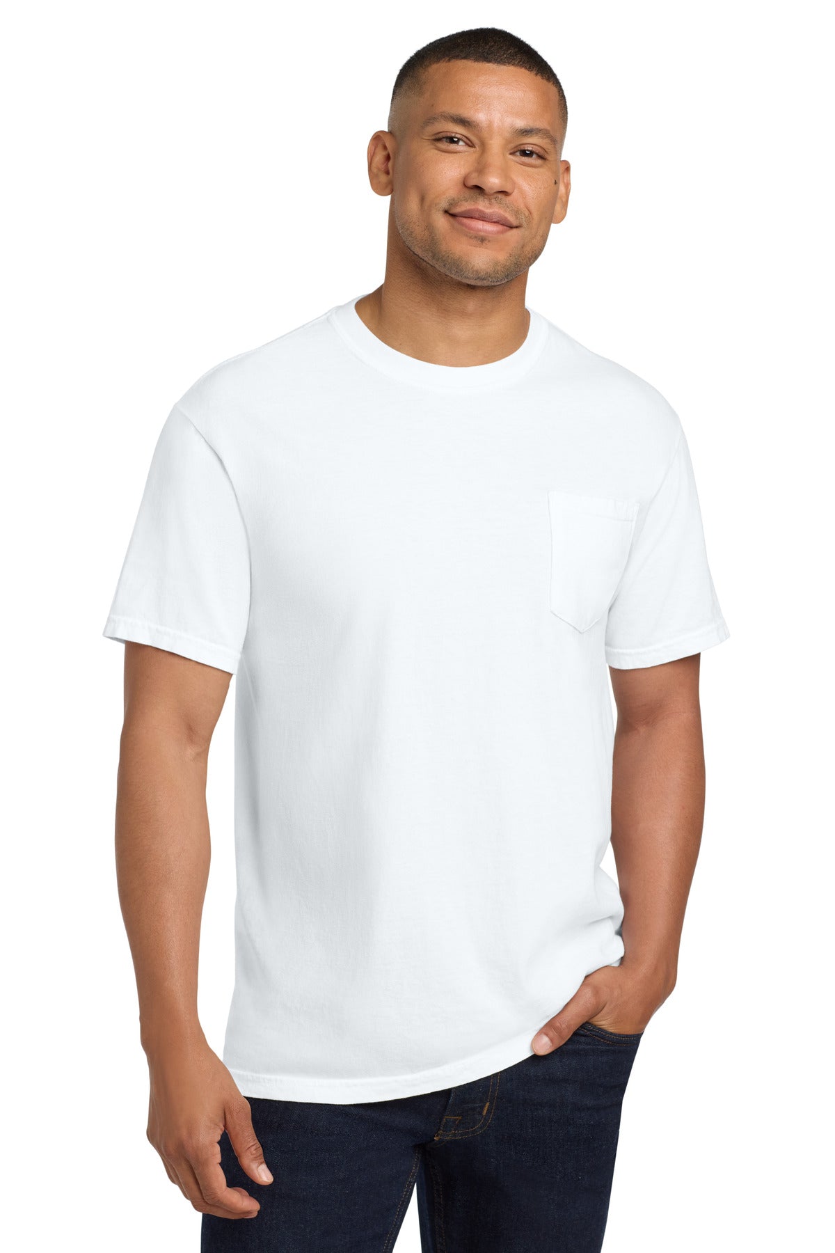 Custom logo COMFORT COLORS ® Heavyweight Ring Spun Pocket Tee. 6030 in White