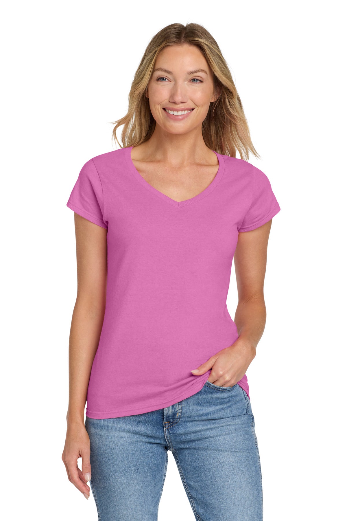 Custom logo Gildan Softstyle® Women's Fit V-Neck T-Shirt. 64V00L in Azalea