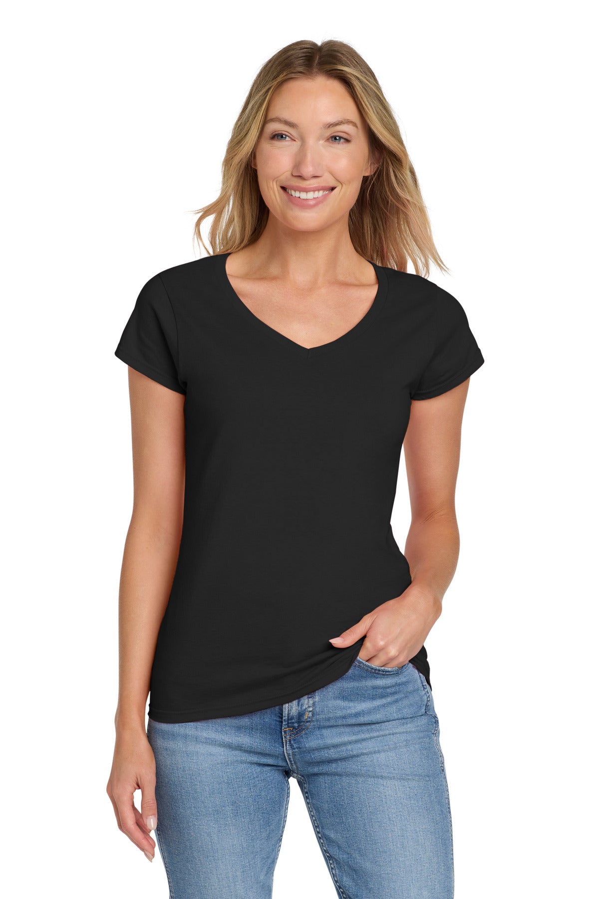 Custom logo Gildan Softstyle® Women's Fit V-Neck T-Shirt. 64V00L in Black