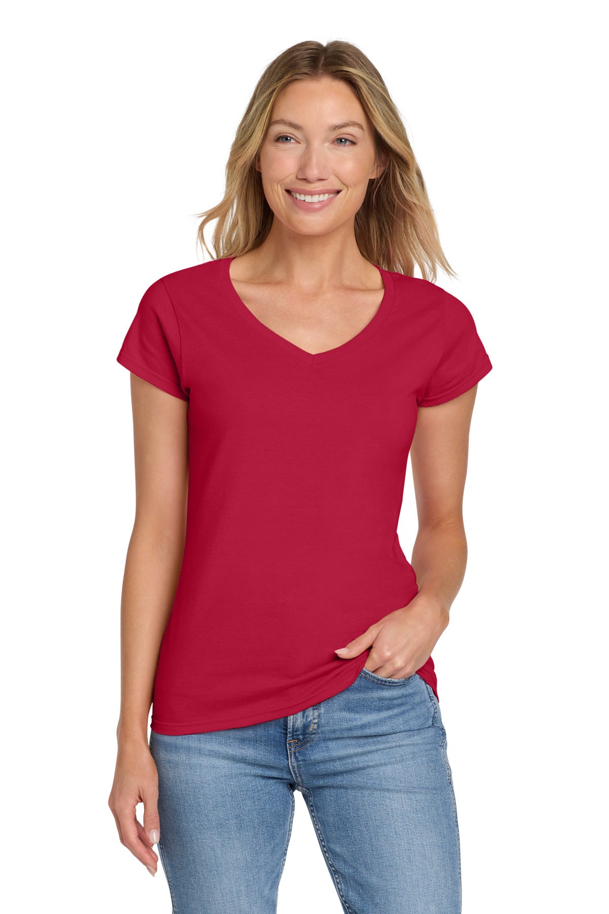 Custom logo Gildan Softstyle® Women's Fit V-Neck T-Shirt. 64V00L in Cherry Red