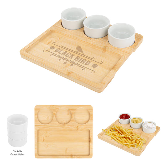Custom logo Bamboo Serving Tray With Ceramic Bowls