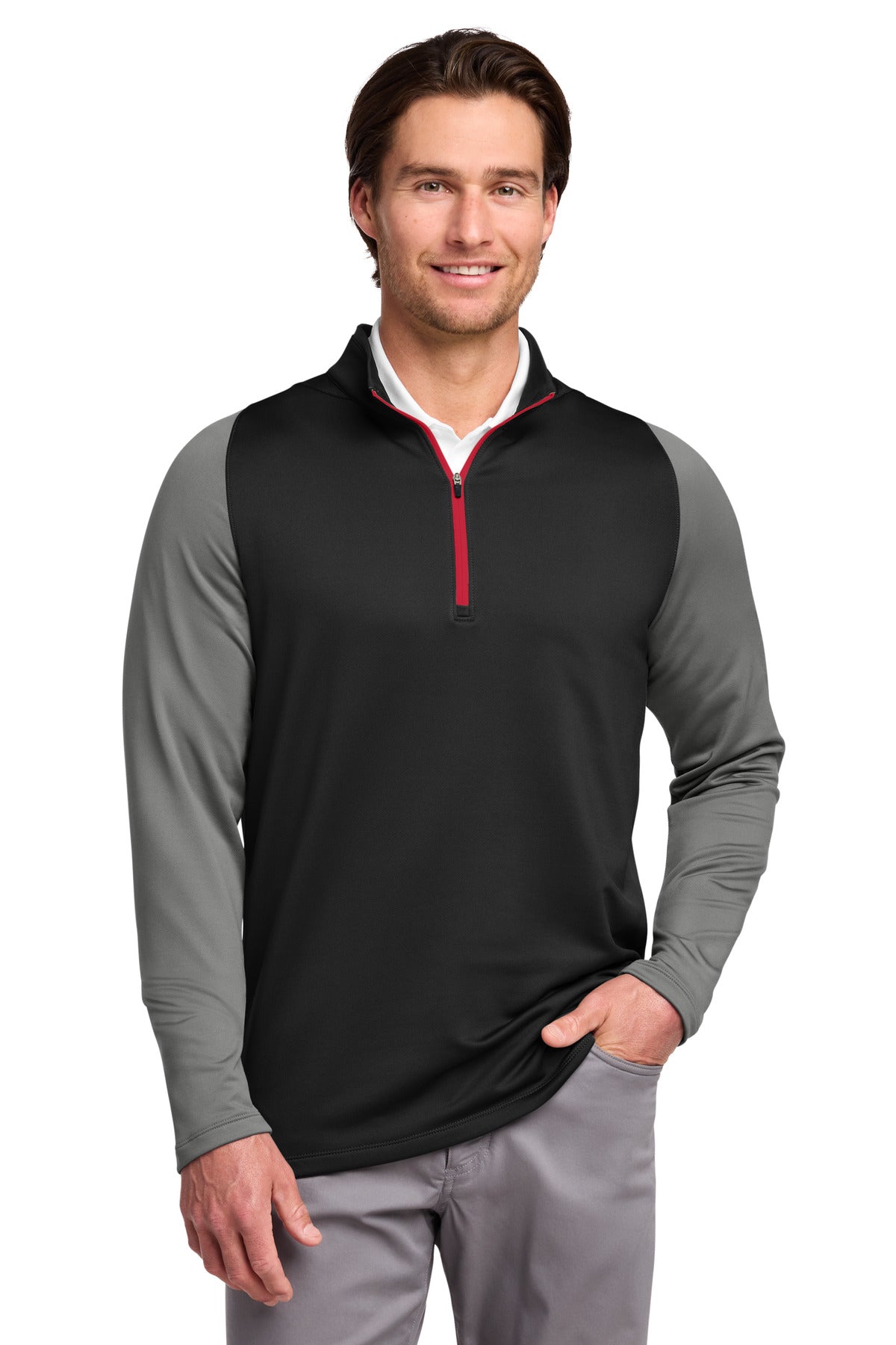 Custom logo Nike Dri-FIT Stretch 1/2-Zip Cover-Up. 779795 in Black/ Dark Grey/ Gym Red