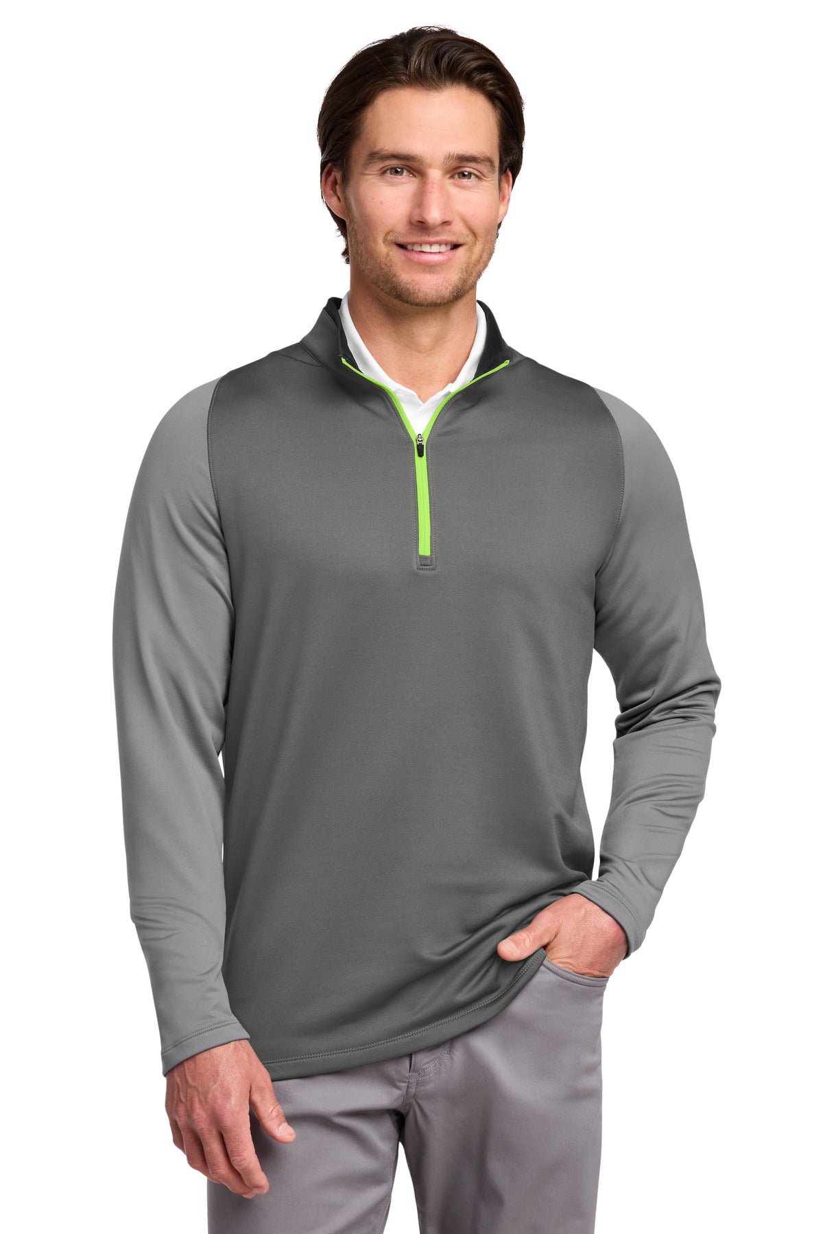 Custom logo Nike Dri-FIT Stretch 1/2-Zip Cover-Up. 779795 in Dark Grey/ Cool Grey/ Volt