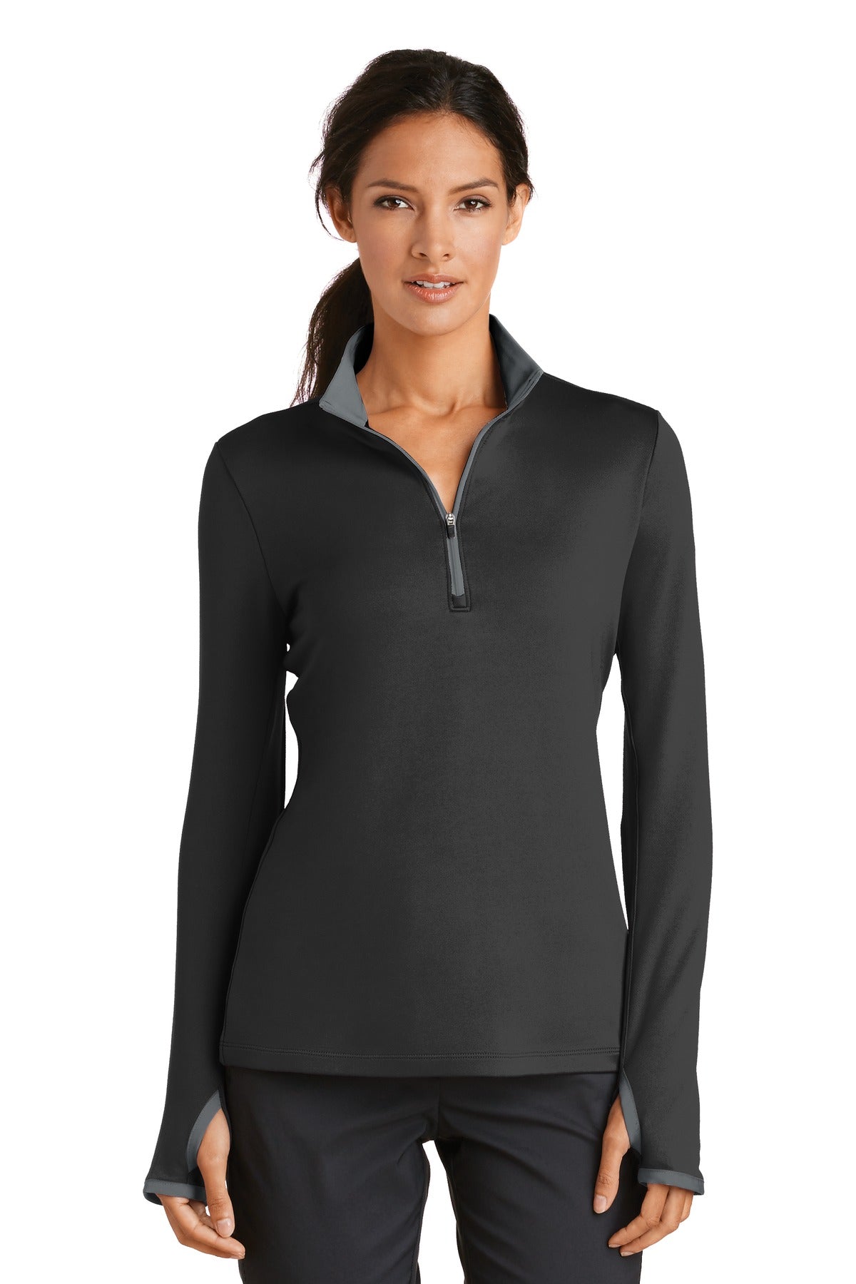 Custom logo Nike Women's Dri-FIT Stretch 1/2-Zip Cover-Up. 779796 in Black/ Dark Grey