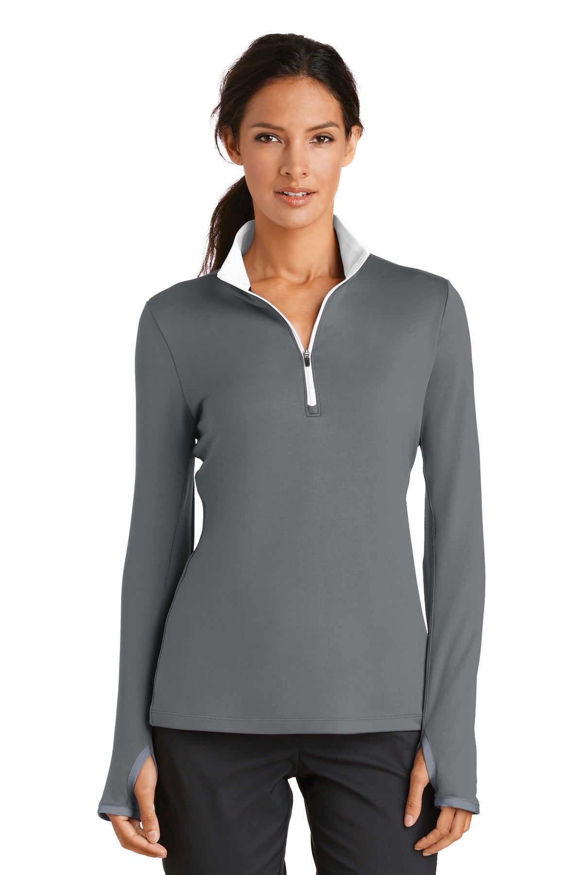 Custom logo Nike Women's Dri-FIT Stretch 1/2-Zip Cover-Up. 779796 in Dark Grey/ White