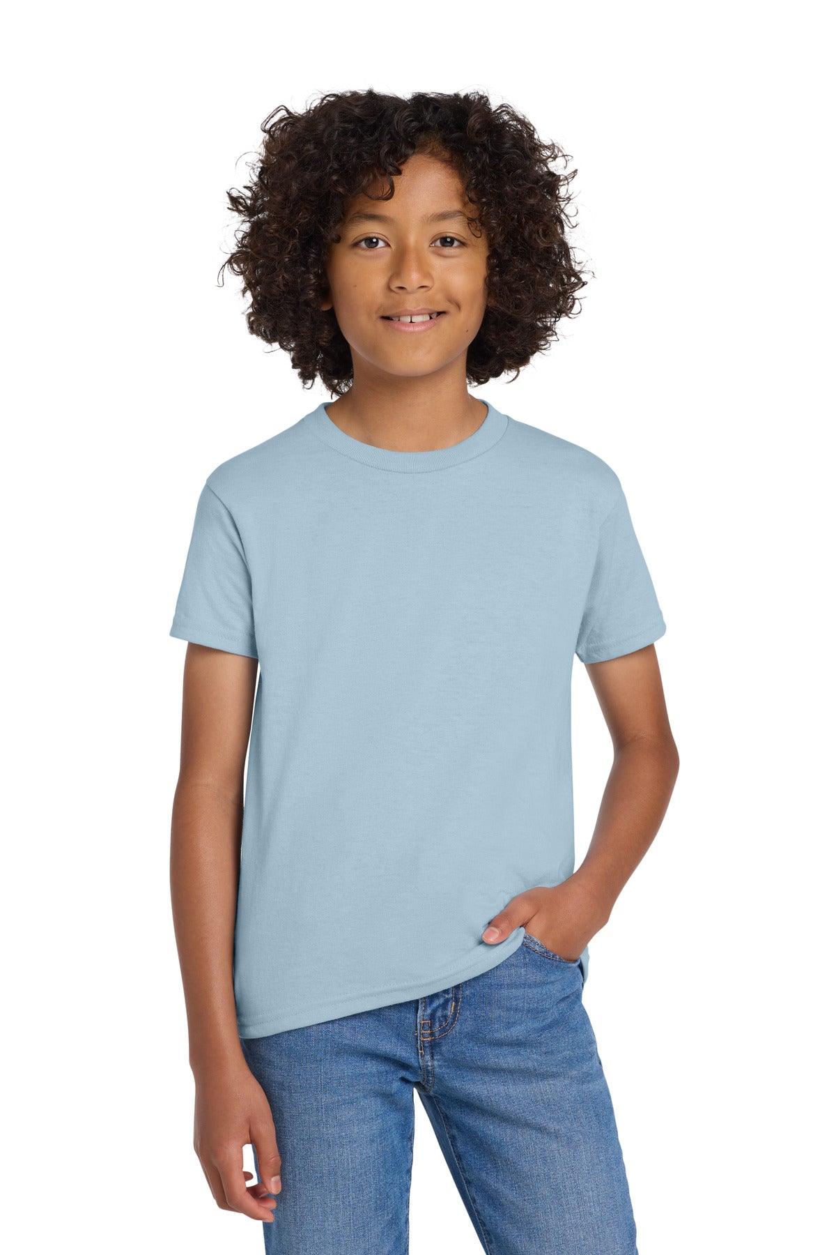 Custom logo Gildan® Youth DryBlend® 50 Cotton/50 Poly T-Shirt.  8000B in Light Blue
