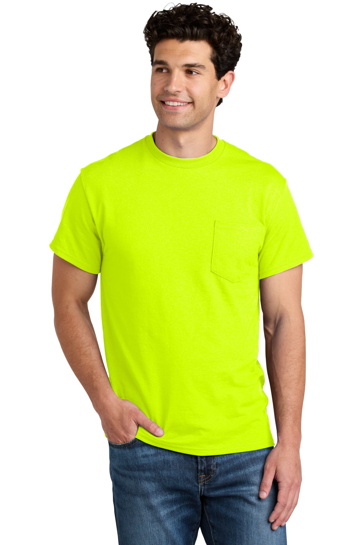 Custom logo Gildan® - DryBlend® 50 Cotton/50 Poly Pocket T-Shirt. 8300 in Safety Green