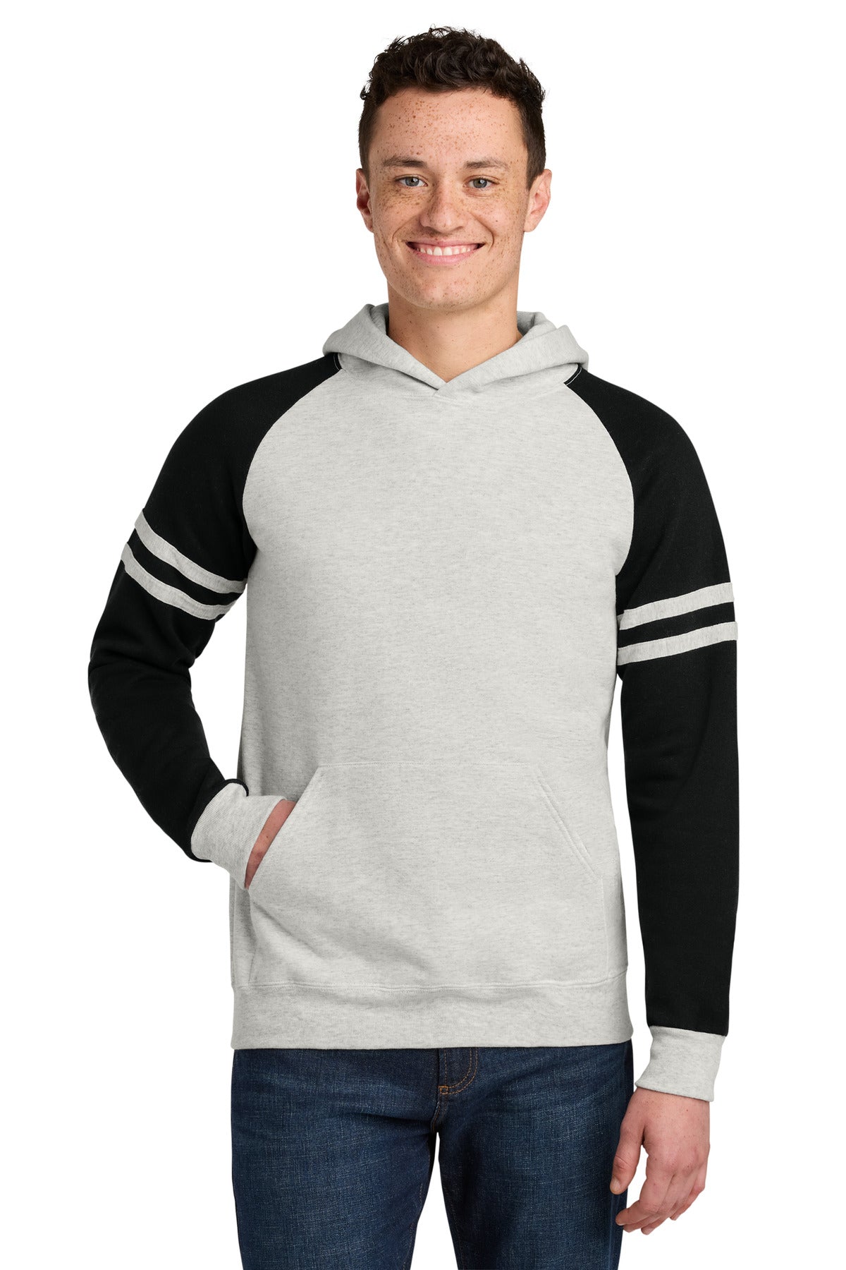 Custom logo Jerzees® Unisex NuBlend® Varsity Colorblock Hooded Sweatshirt 97C in Oatmeal Heather/ Black Ink