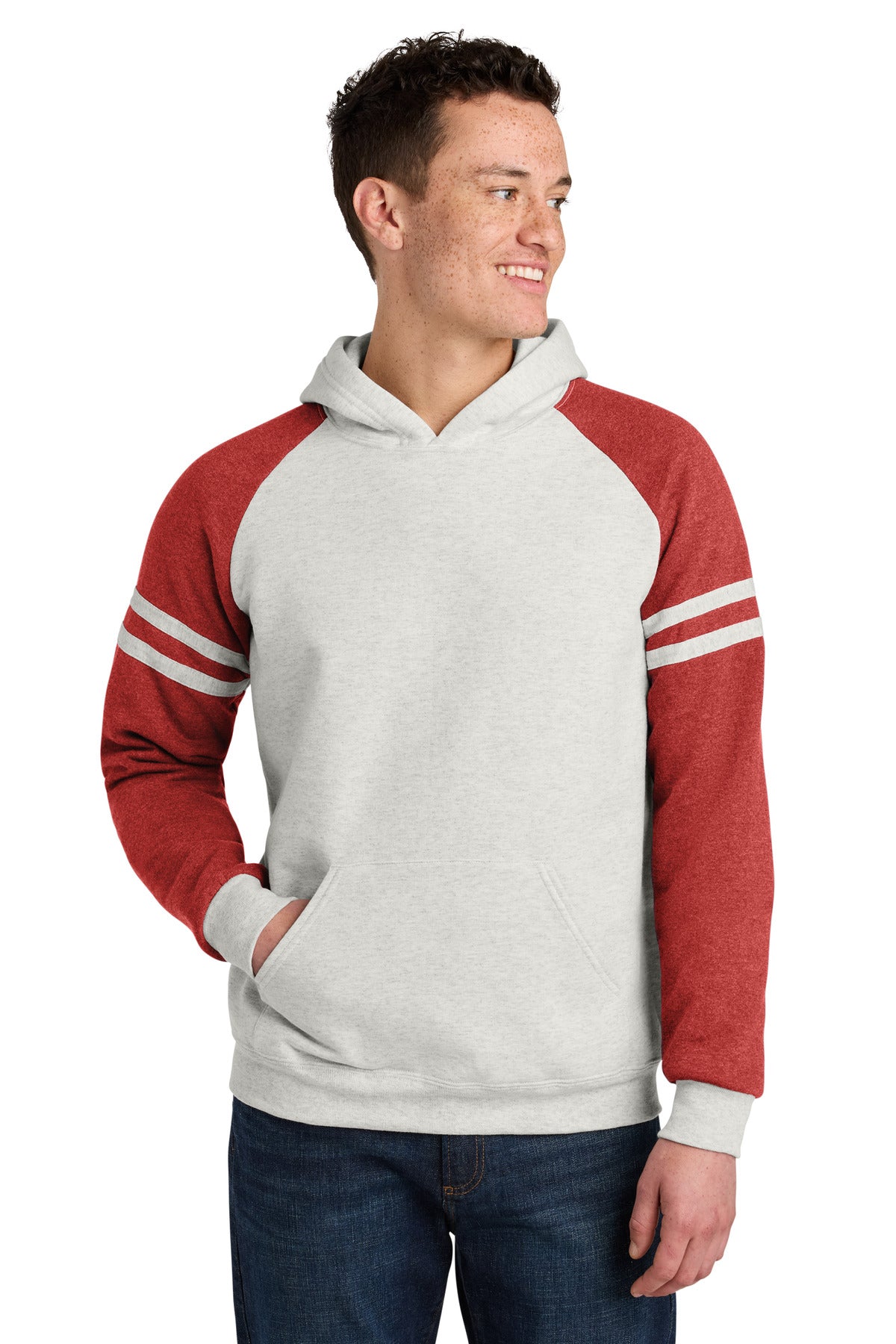 Custom logo Jerzees® Unisex NuBlend® Varsity Colorblock Hooded Sweatshirt 97C in Oatmeal Heather/ Fiery Red Heather