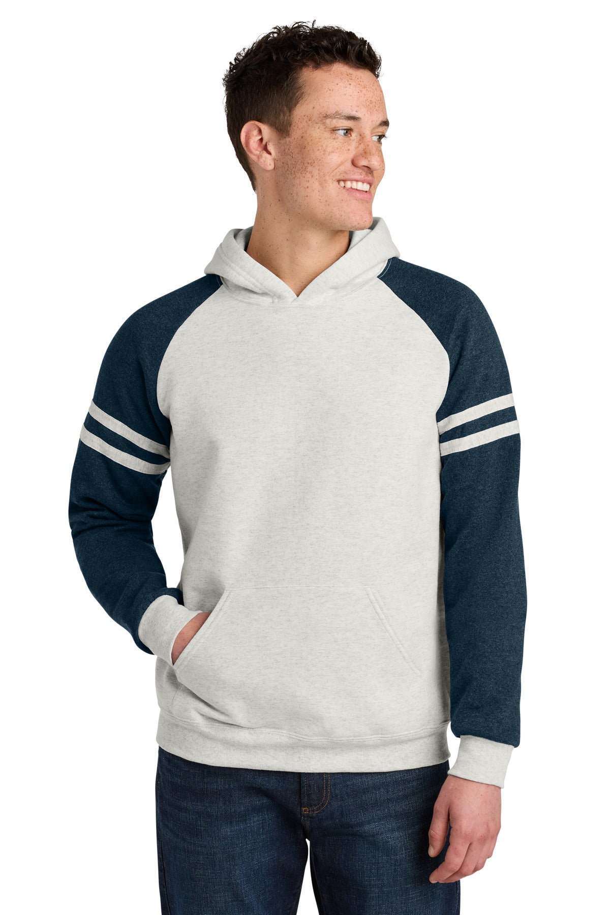 Custom logo Jerzees® Unisex NuBlend® Varsity Colorblock Hooded Sweatshirt 97C in Oatmeal Heather/ Indigo Heather