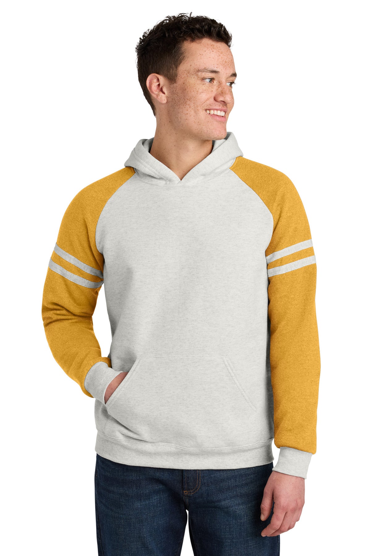 Custom logo Jerzees® Unisex NuBlend® Varsity Colorblock Hooded Sweatshirt 97C in Oatmeal Heather/ Mustard Heather