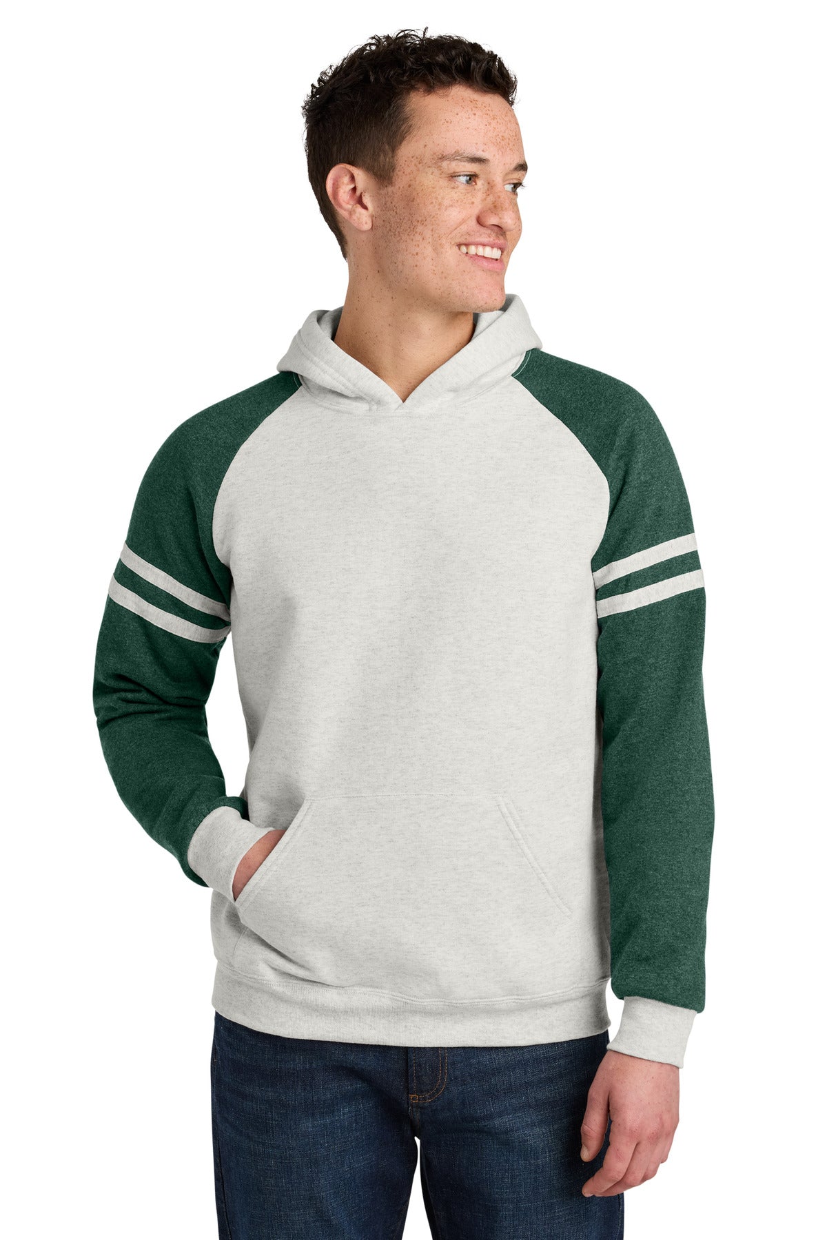 Custom logo Jerzees® Unisex NuBlend® Varsity Colorblock Hooded Sweatshirt 97C in Oatmeal Heather/ Forest Green Heather