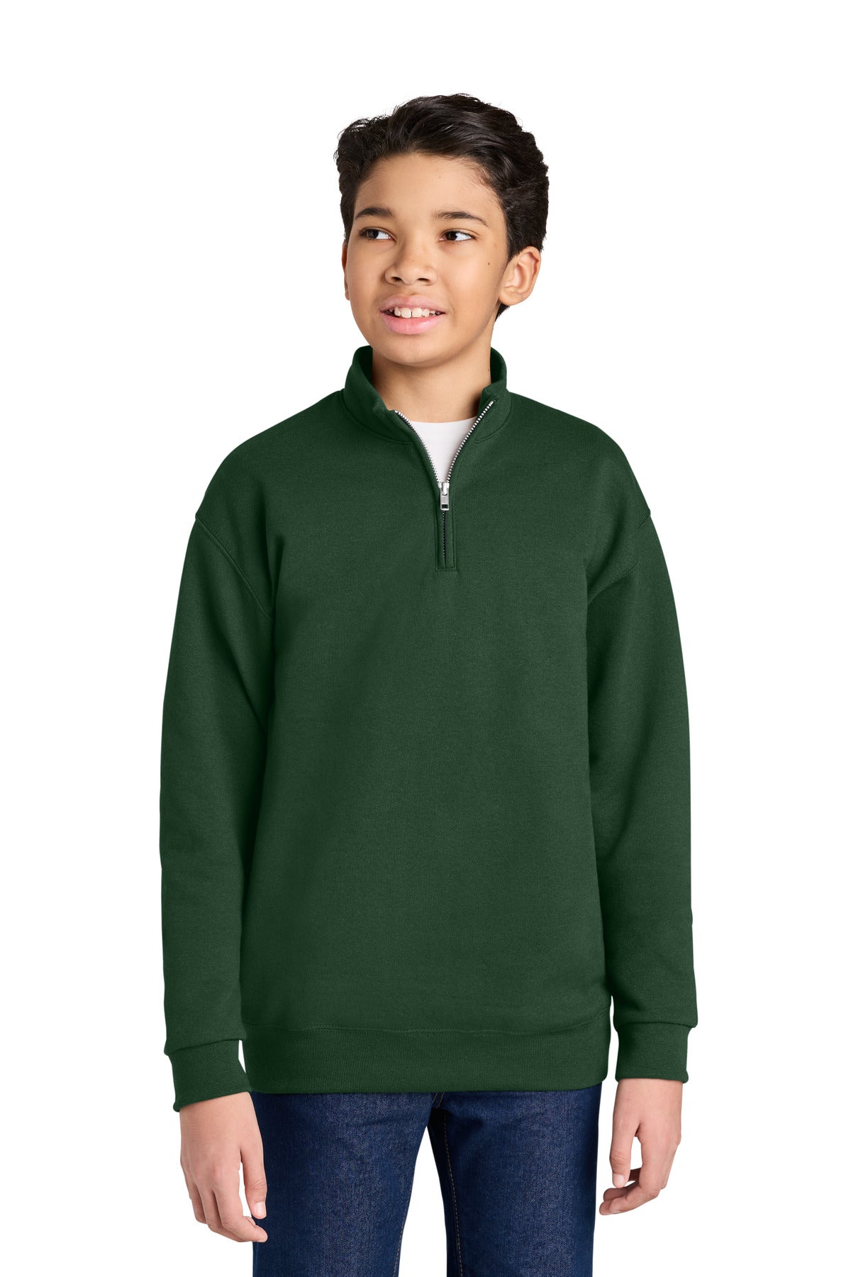 Custom logo Jerzees® Youth NuBlend® 1/4-Zip Cadet Collar Sweatshirt 995Y in Forest Green