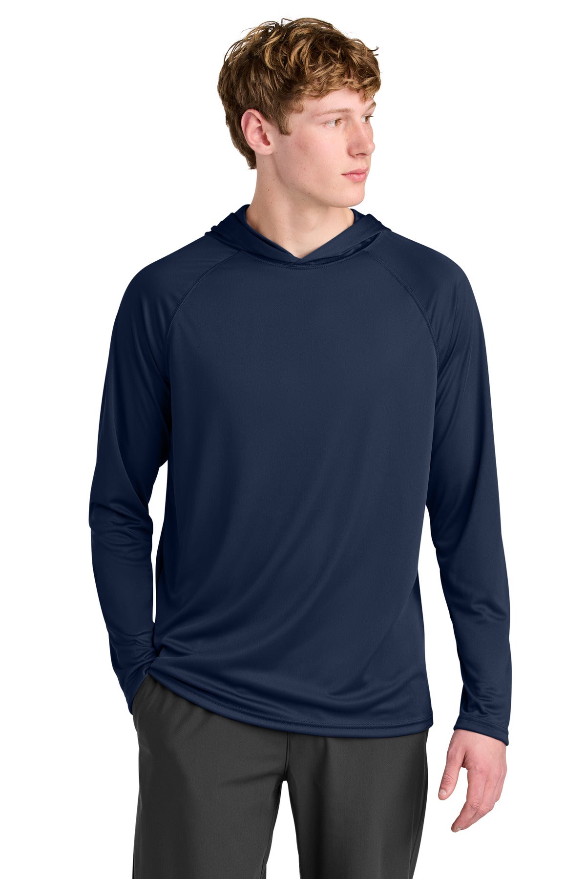Custom logo A4 Cooling Performance Long Sleeve Hooded Tee A4N3409 in Navy