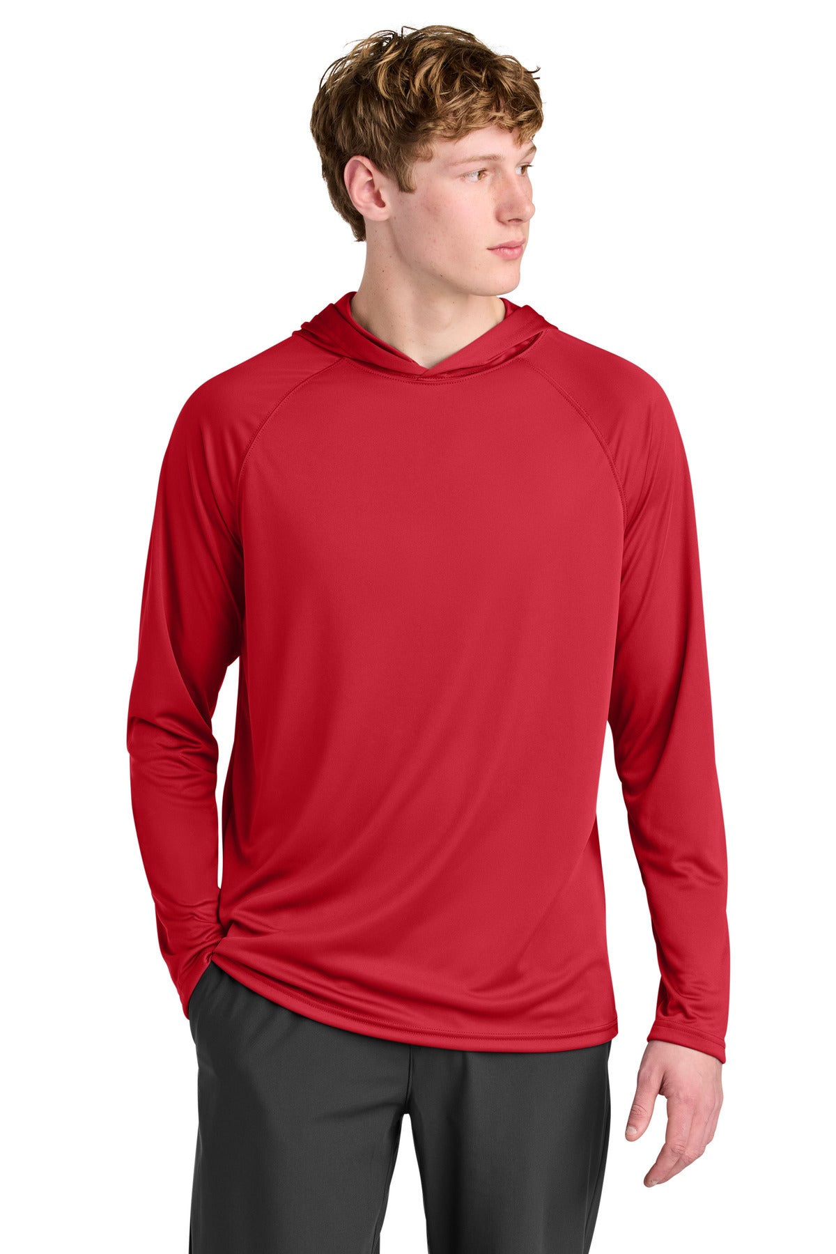 Custom logo A4 Cooling Performance Long Sleeve Hooded Tee A4N3409 in Scarlet