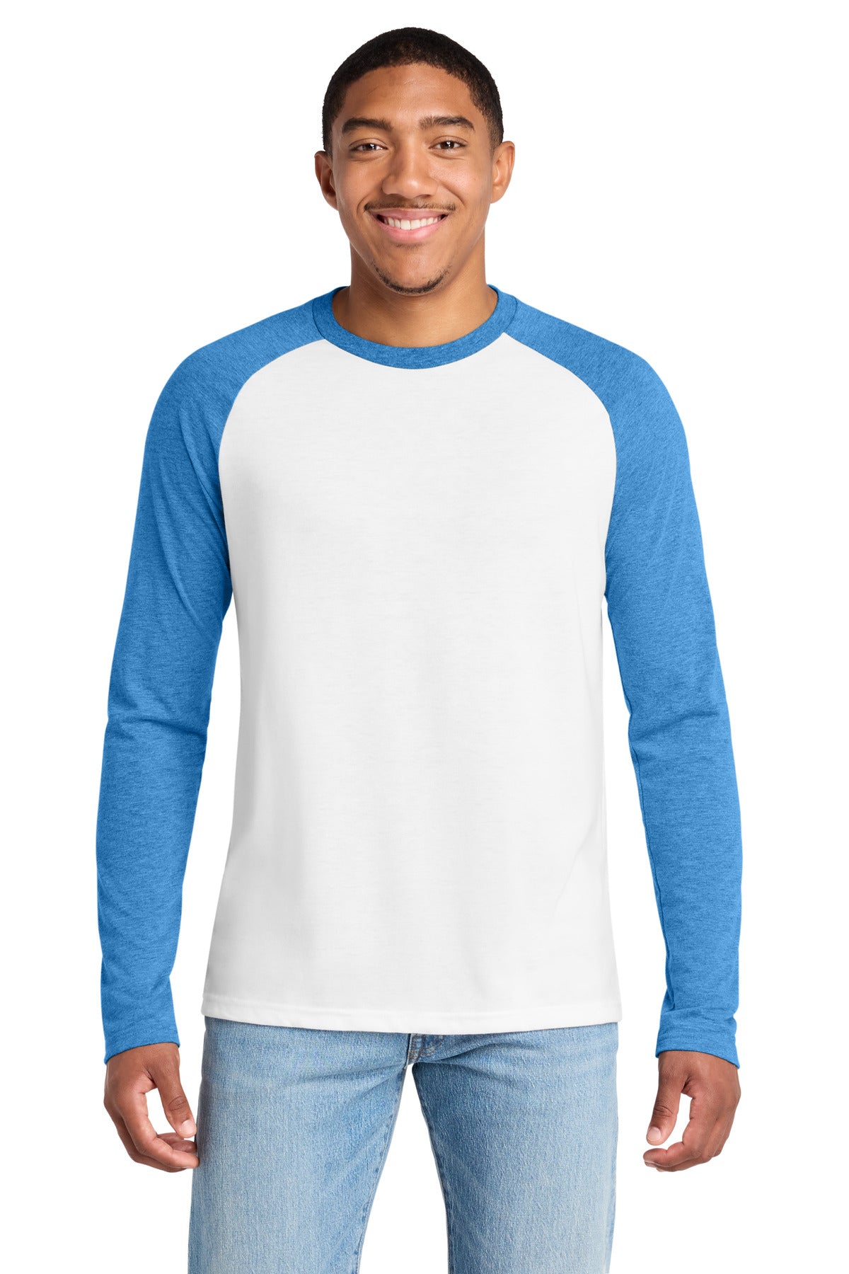 Custom logo Allmade® Unisex Tri-Blend Long Sleeve Colorblock Raglan AL6009 in Azure Blue/ Bright White