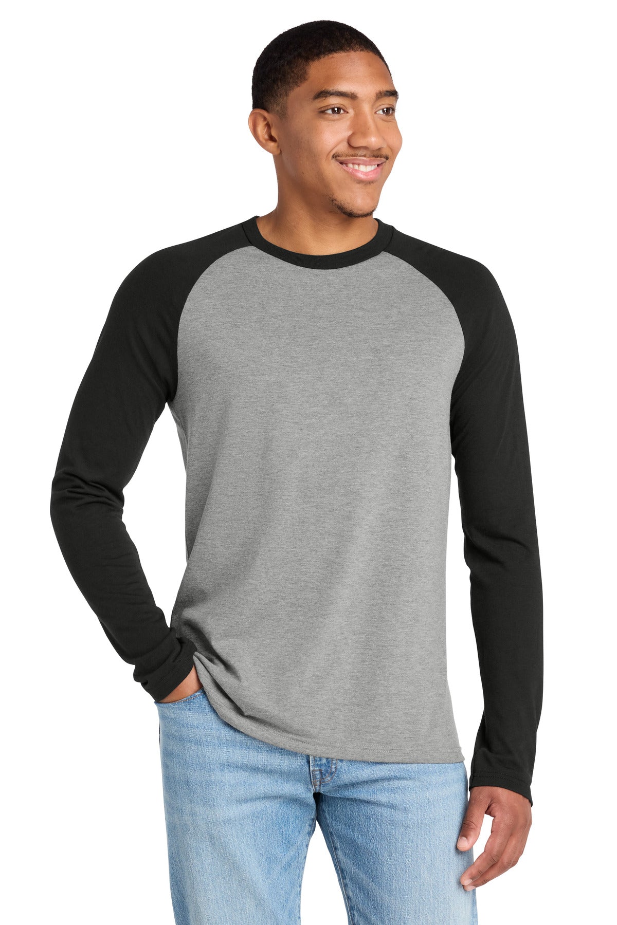 Custom logo Allmade® Unisex Tri-Blend Long Sleeve Colorblock Raglan AL6009 in Deep Black/ Aluminum Grey