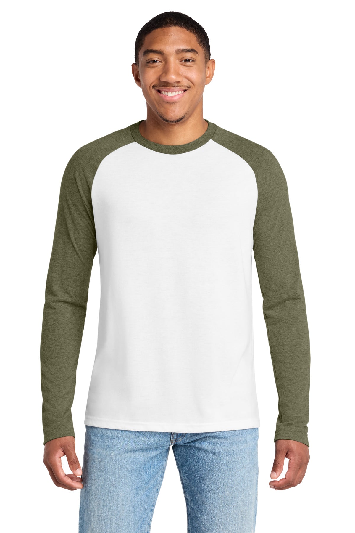 Custom logo Allmade® Unisex Tri-Blend Long Sleeve Colorblock Raglan AL6009 in Olive You Green/ Bright White