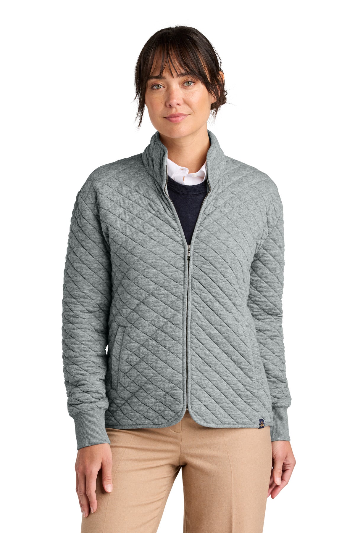 Custom logo Brooks Brothers® Women's Diamond Quilt Full-Zip BB18213 in Light Shadow Grey Heather