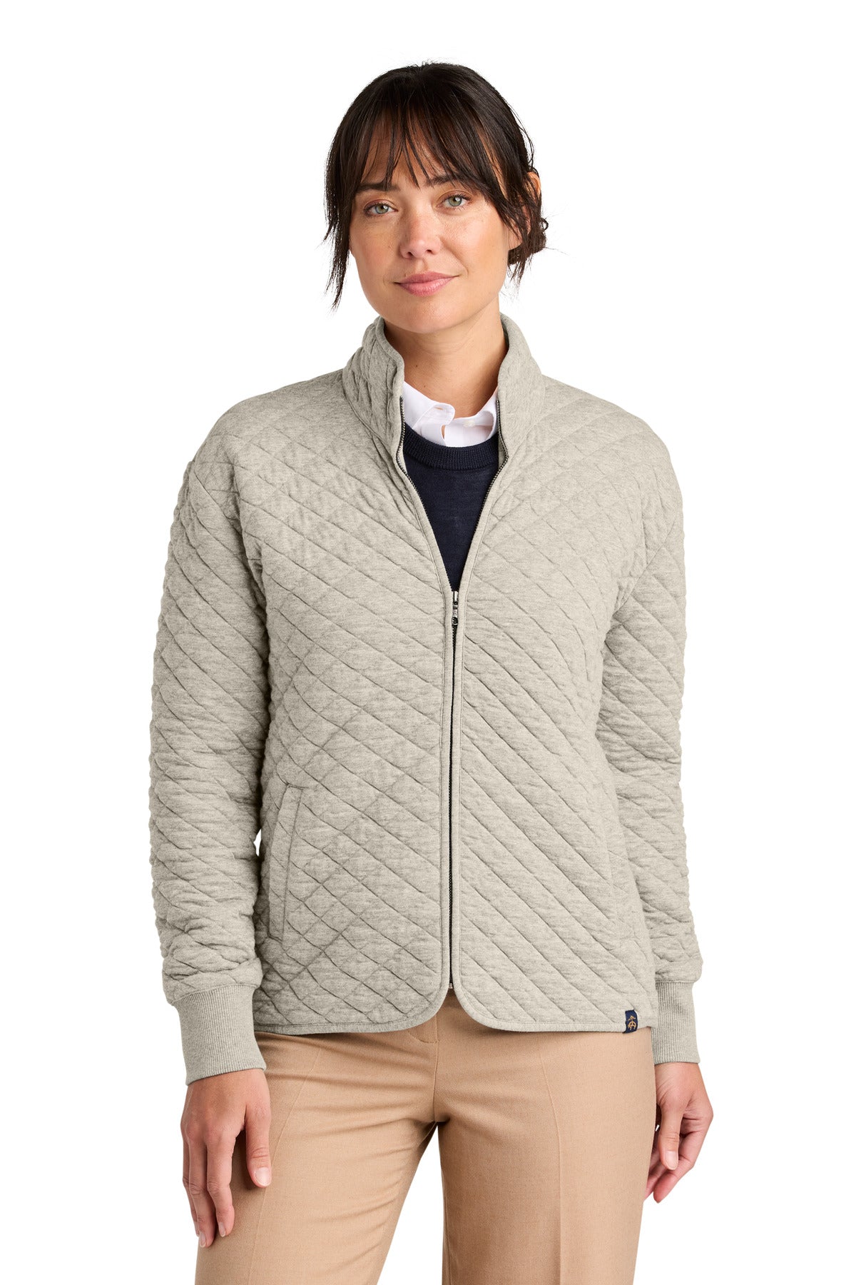 Custom logo Brooks Brothers® Women's Diamond Quilt Full-Zip BB18213 in Oatmeal Heather