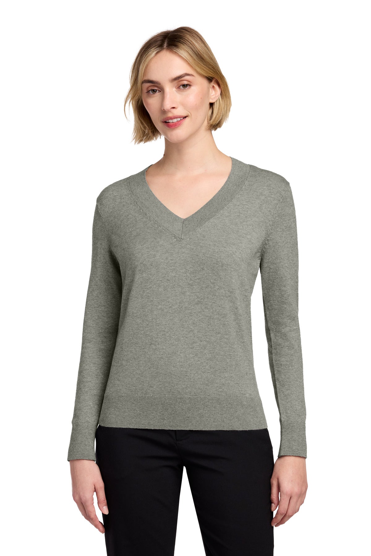 Custom logo Brooks Brothers® Women's Cotton Stretch V-Neck Sweater BB18401 in Light Shadow Grey Heather
