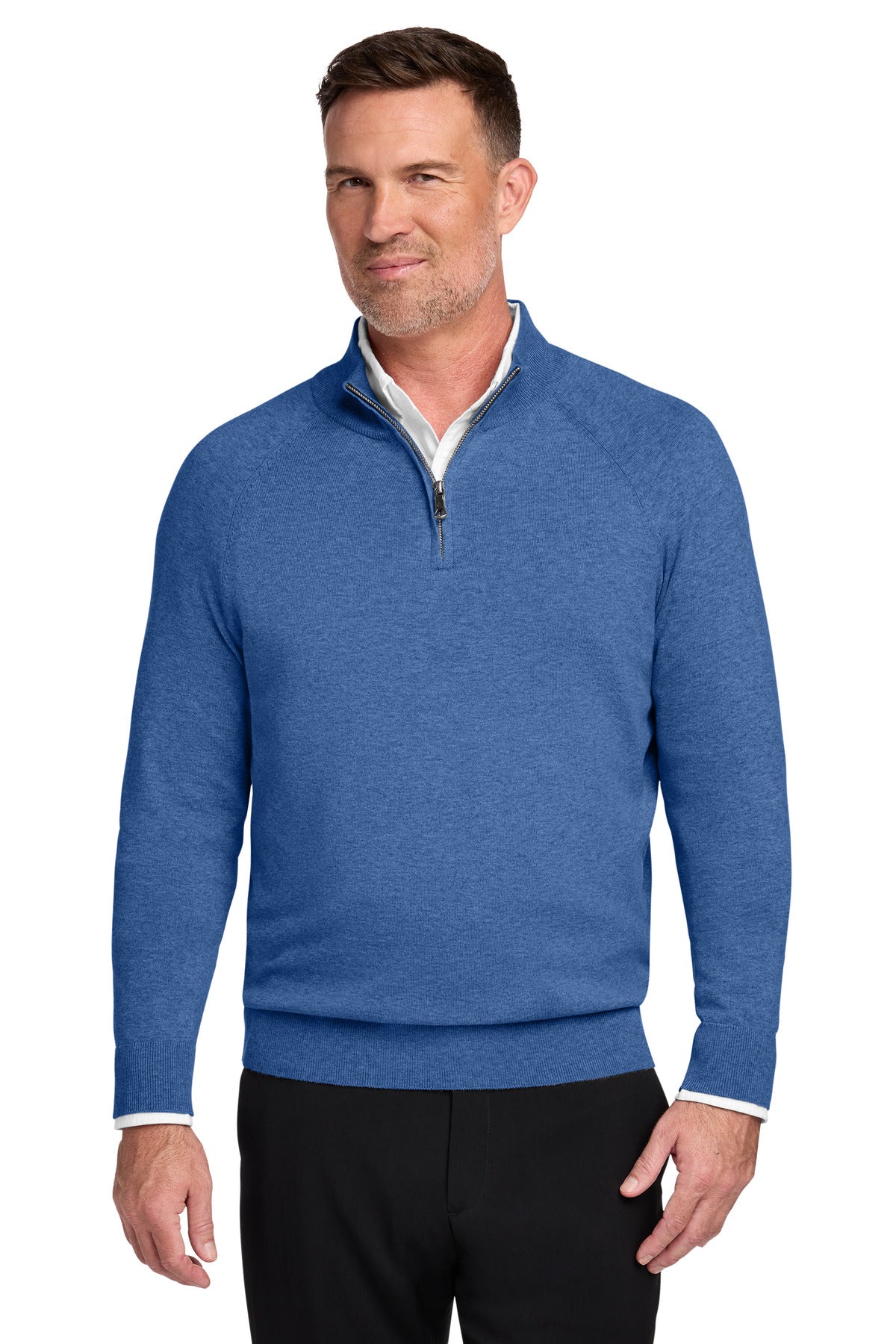 Custom logo Brooks Brothers® Cotton Stretch 1/4-Zip Sweater BB18402 in Charter Blue Heather