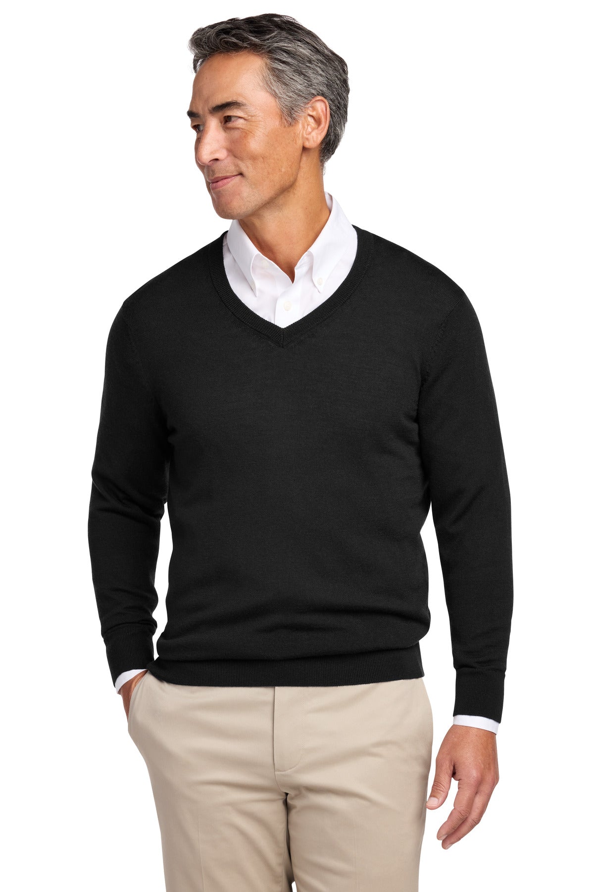 Custom logo Brooks Brothers® Washable Merino V-Neck Sweater BB18410 in Deep Black