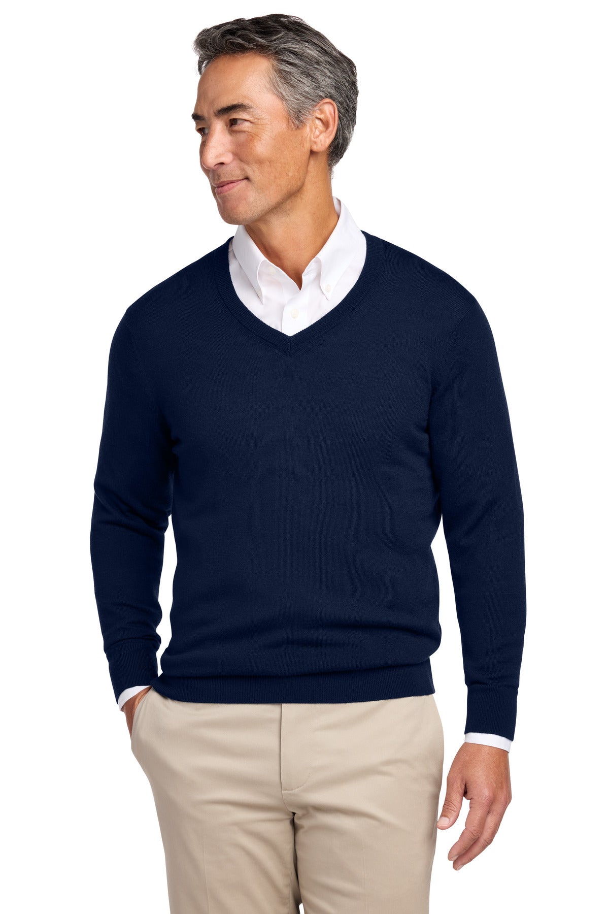 Custom logo Brooks Brothers® Washable Merino V-Neck Sweater BB18410 in Navy Blazer