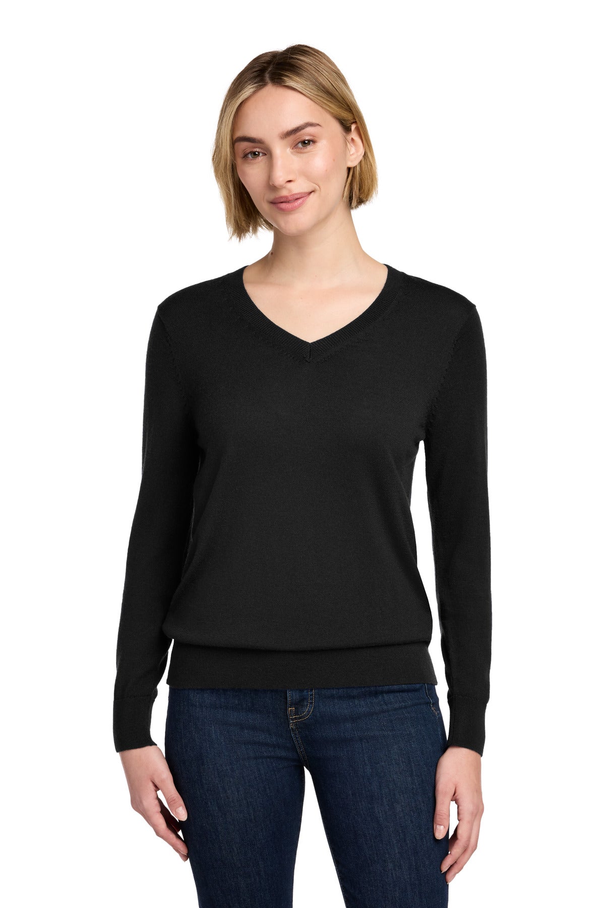 Custom logo Brooks Brothers® Women's Washable Merino V-Neck Sweater BB18411 in Deep Black