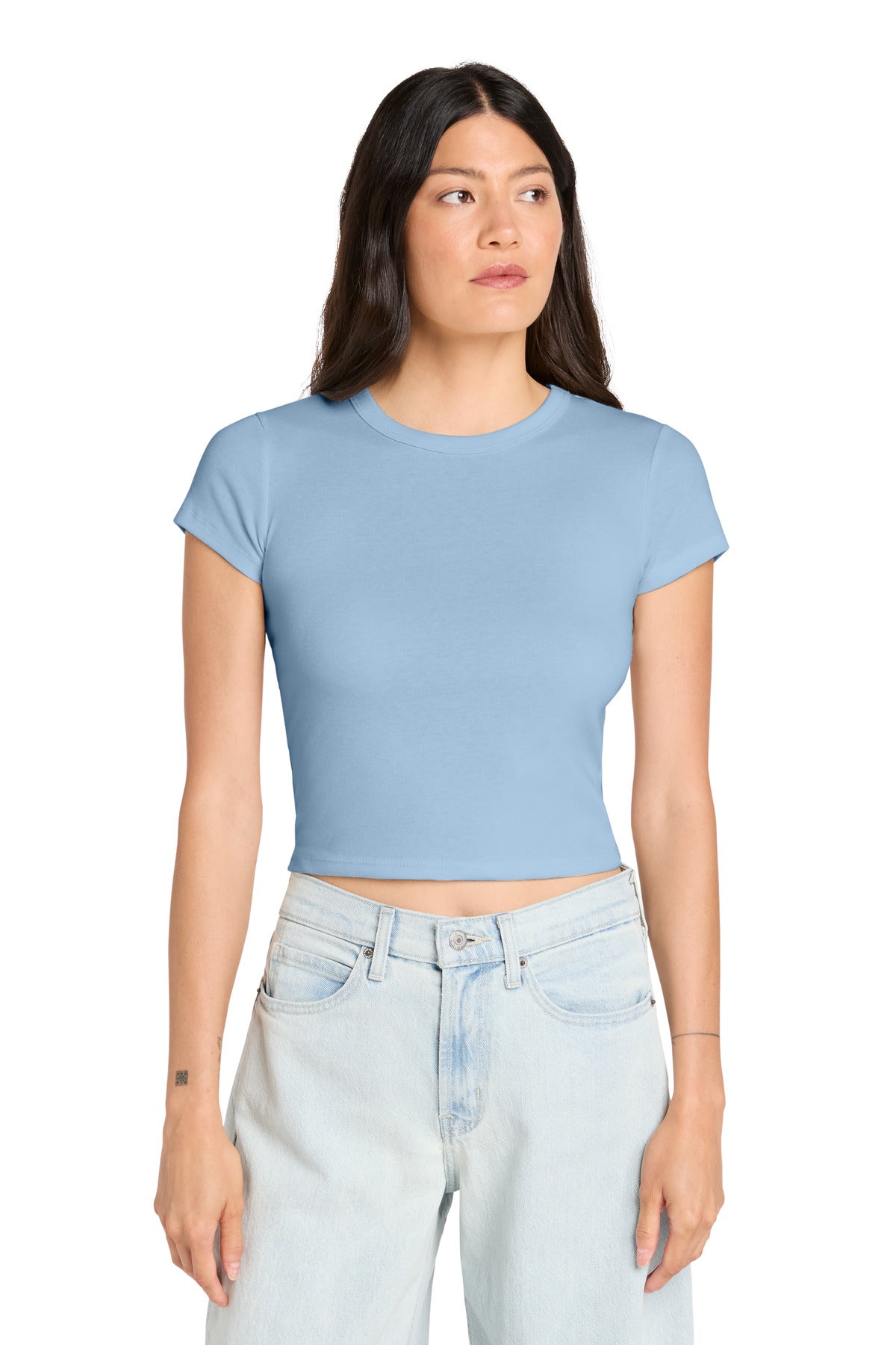 Custom logo BELLA+CANVAS® Women's Micro Rib Baby Tee BC1010 in Solid Baby Blue Blend