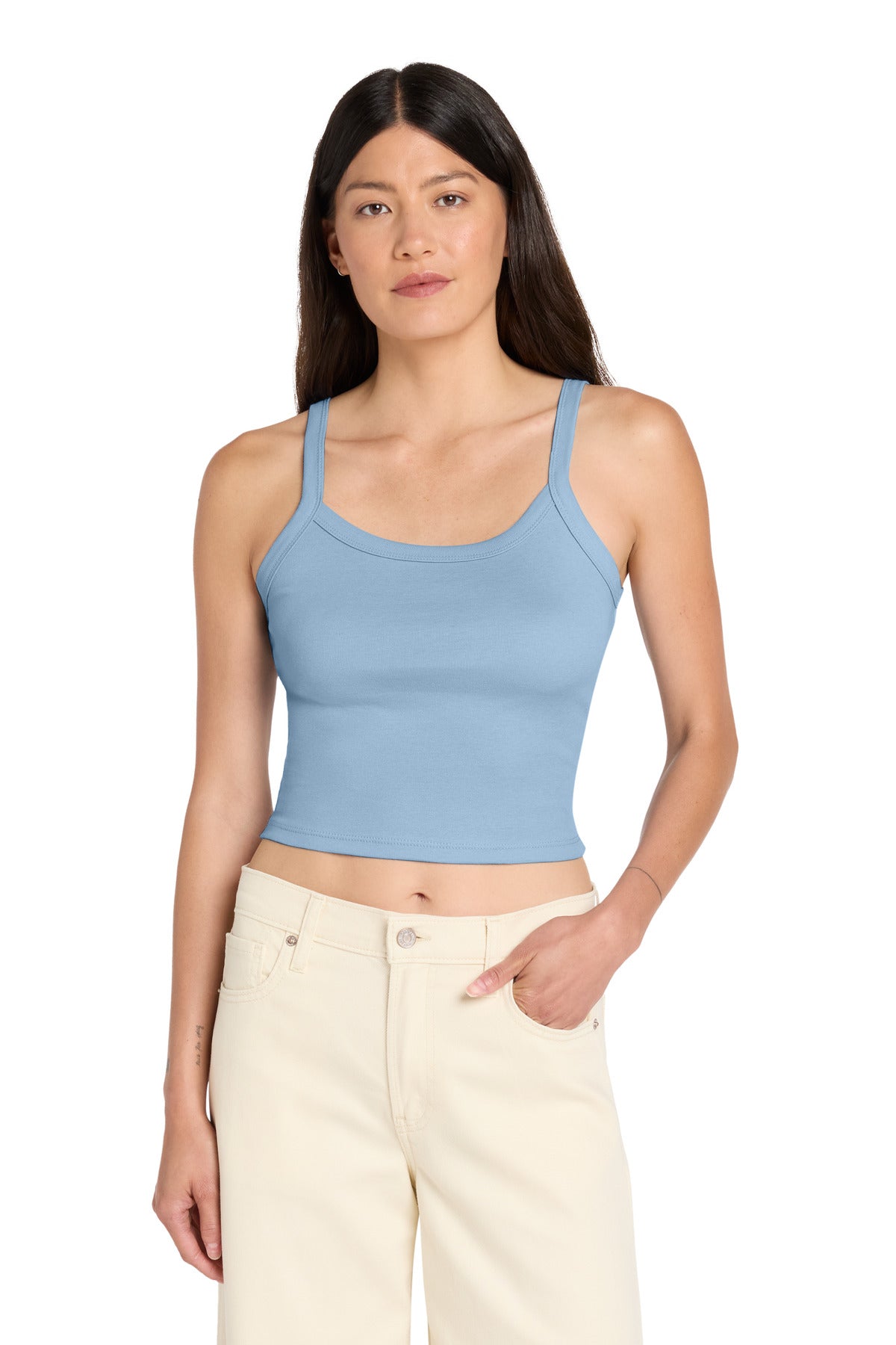 Custom logo BELLA+CANVAS® Women's Micro Rib Spaghetti Strap Tank BC1012 in Solid Baby Blue Blend