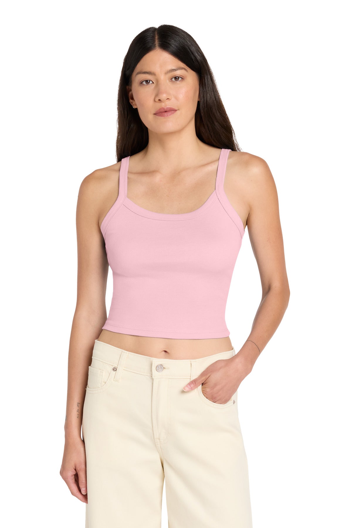 Custom logo BELLA+CANVAS® Women's Micro Rib Spaghetti Strap Tank BC1012 in Solid Pink Blend