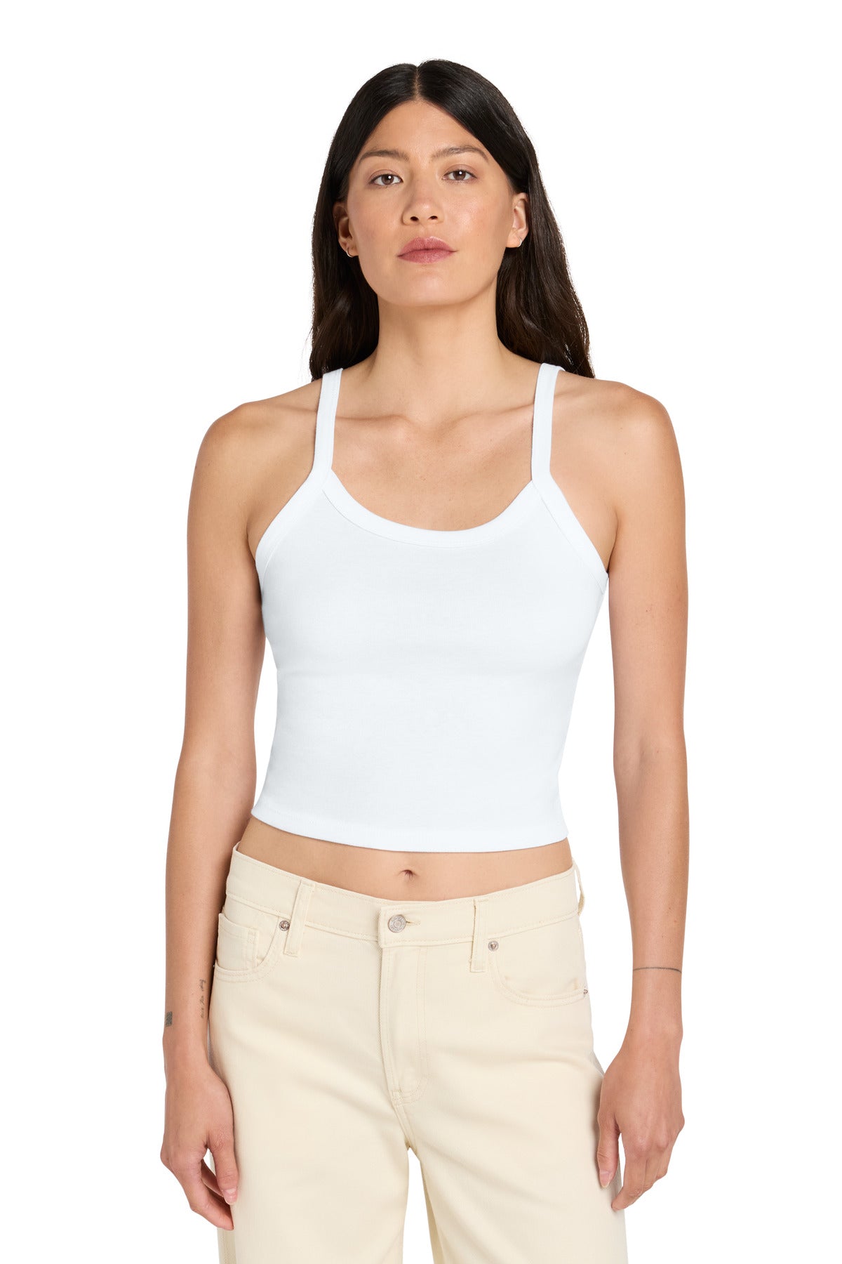 Custom logo BELLA+CANVAS® Women's Micro Rib Spaghetti Strap Tank BC1012 in Solid White Blend