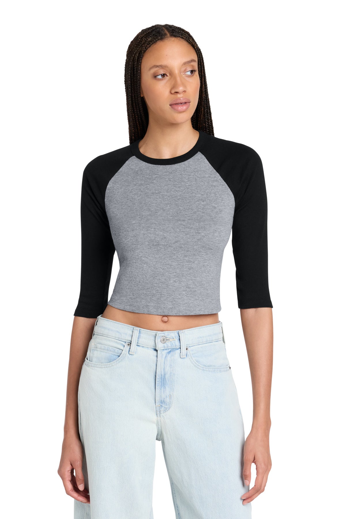 Custom logo BELLA+CANVAS® Women's Micro Rib 3/4 Raglan Baby Tee BC1200 in Athletic Heather/ Black